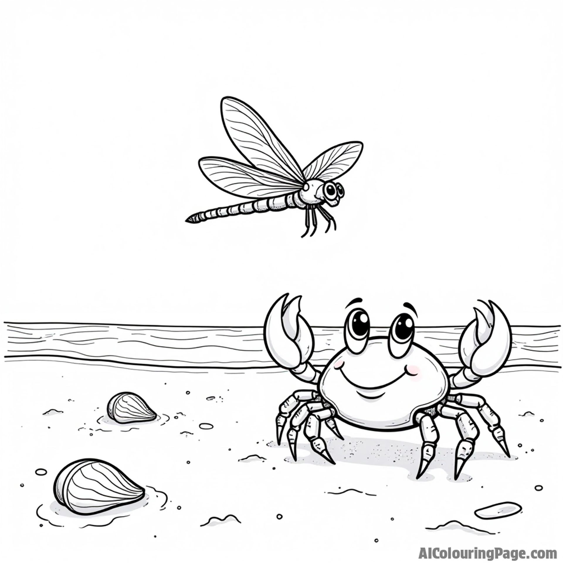 A dragonfly zooming over a sandy beach with seashells scattered around and a playful crab waving hello.