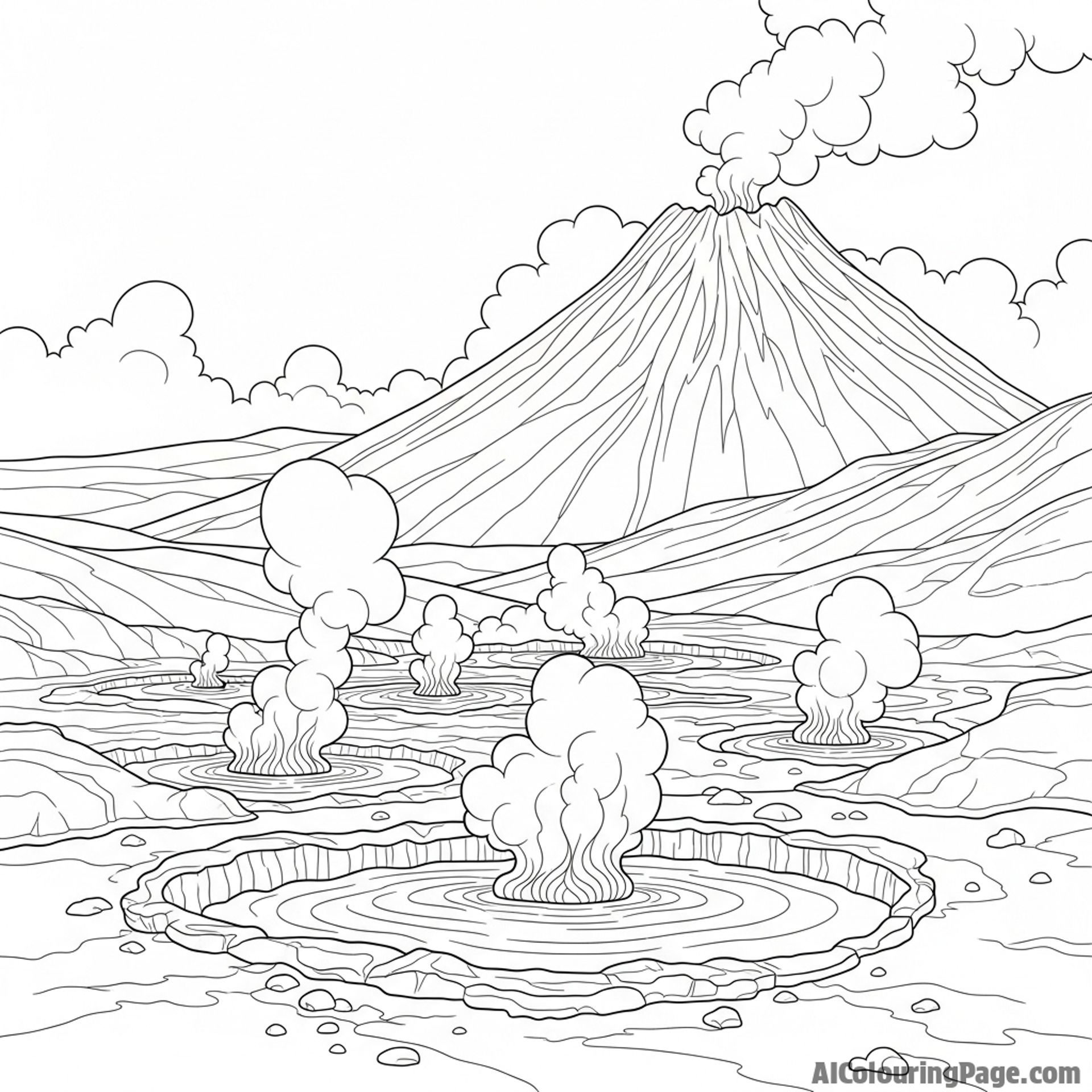 Hot springs heated by geothermal activity near a volcano.