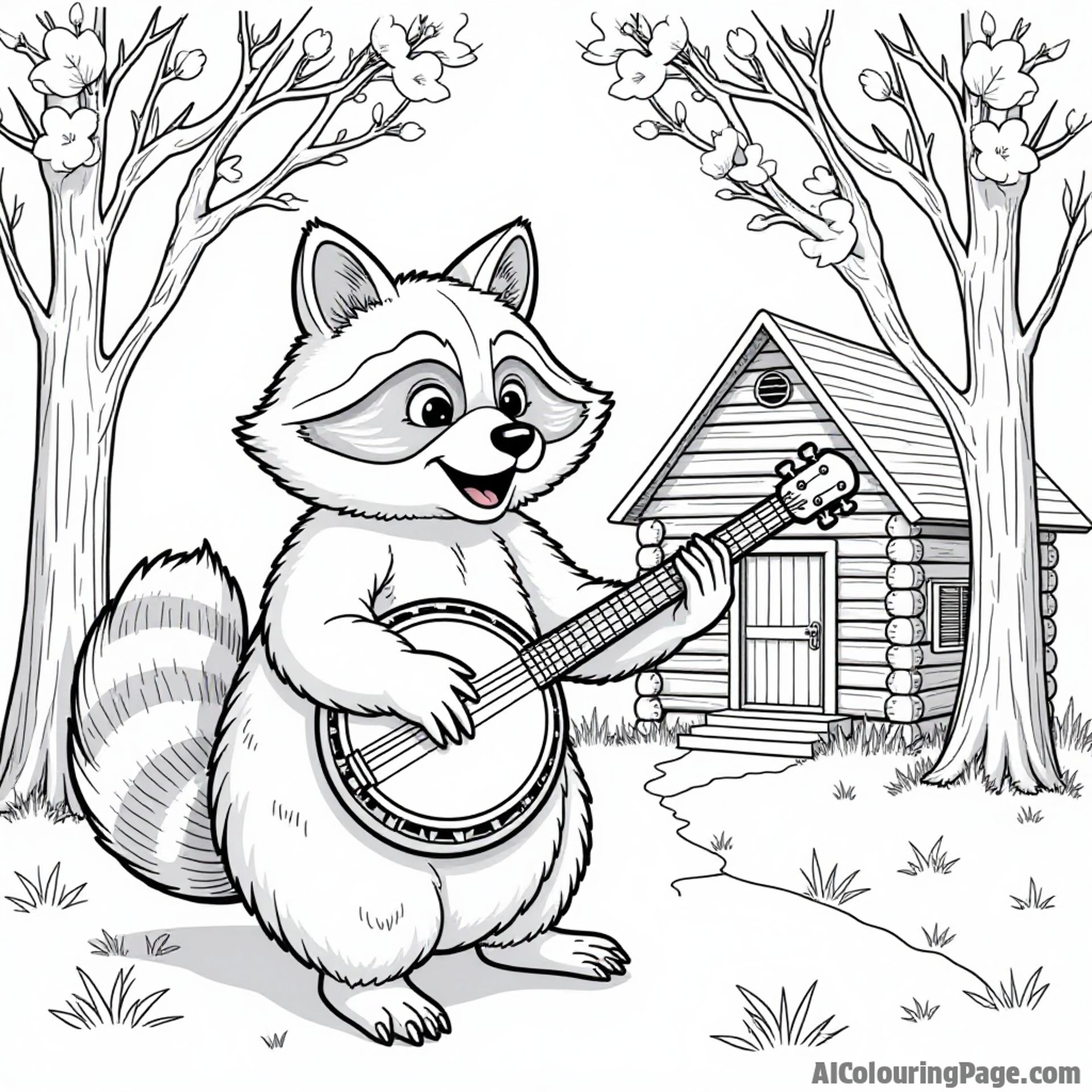 A friendly raccoon playing the banjo beside a log cabin with a backdrop of blooming dogwood trees in Tennessee.