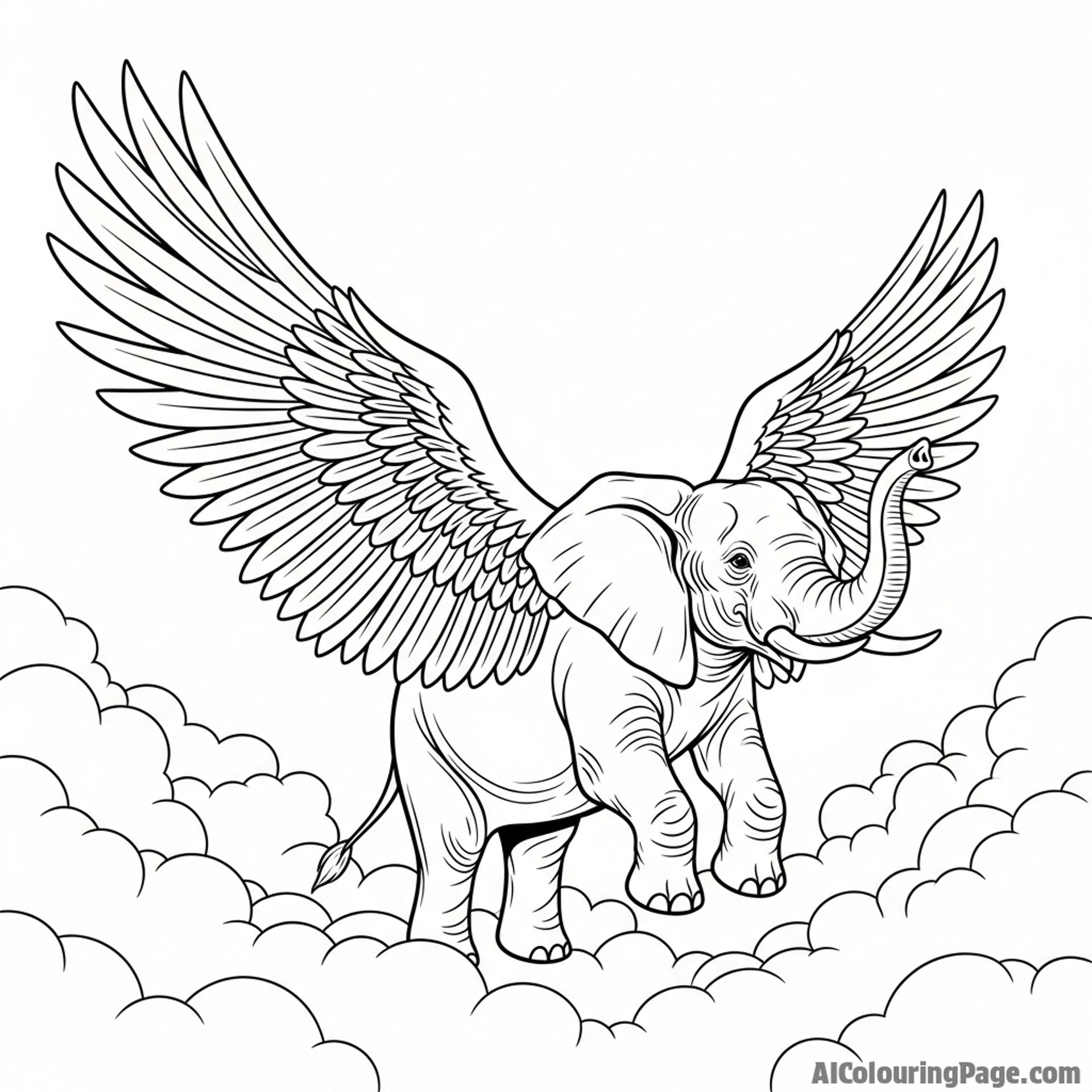 An elephant with enormous, feathery wings, gliding above the clouds.