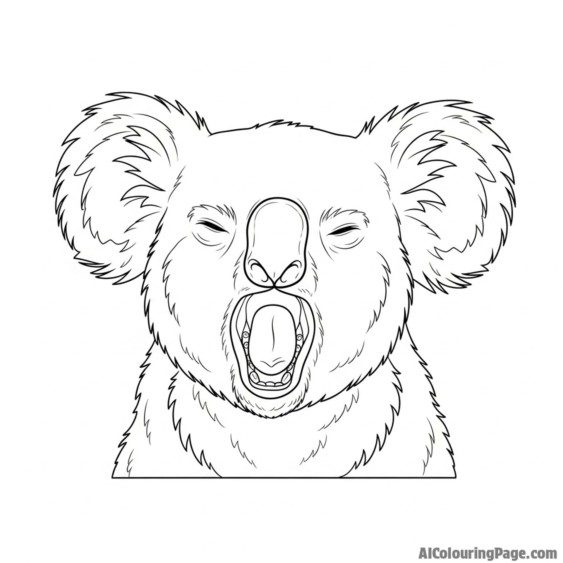 A koala in mid-yawn, revealing its mouth and tongue.