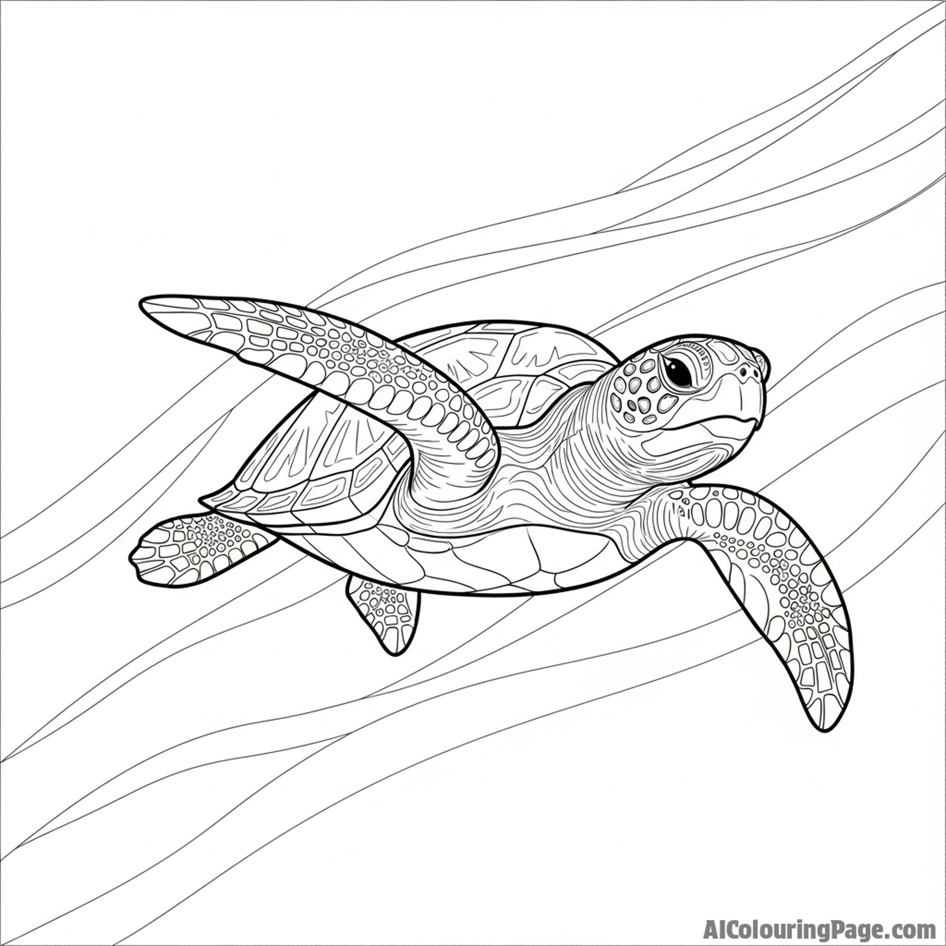 A wise old sea turtle gliding through deep ocean currents.