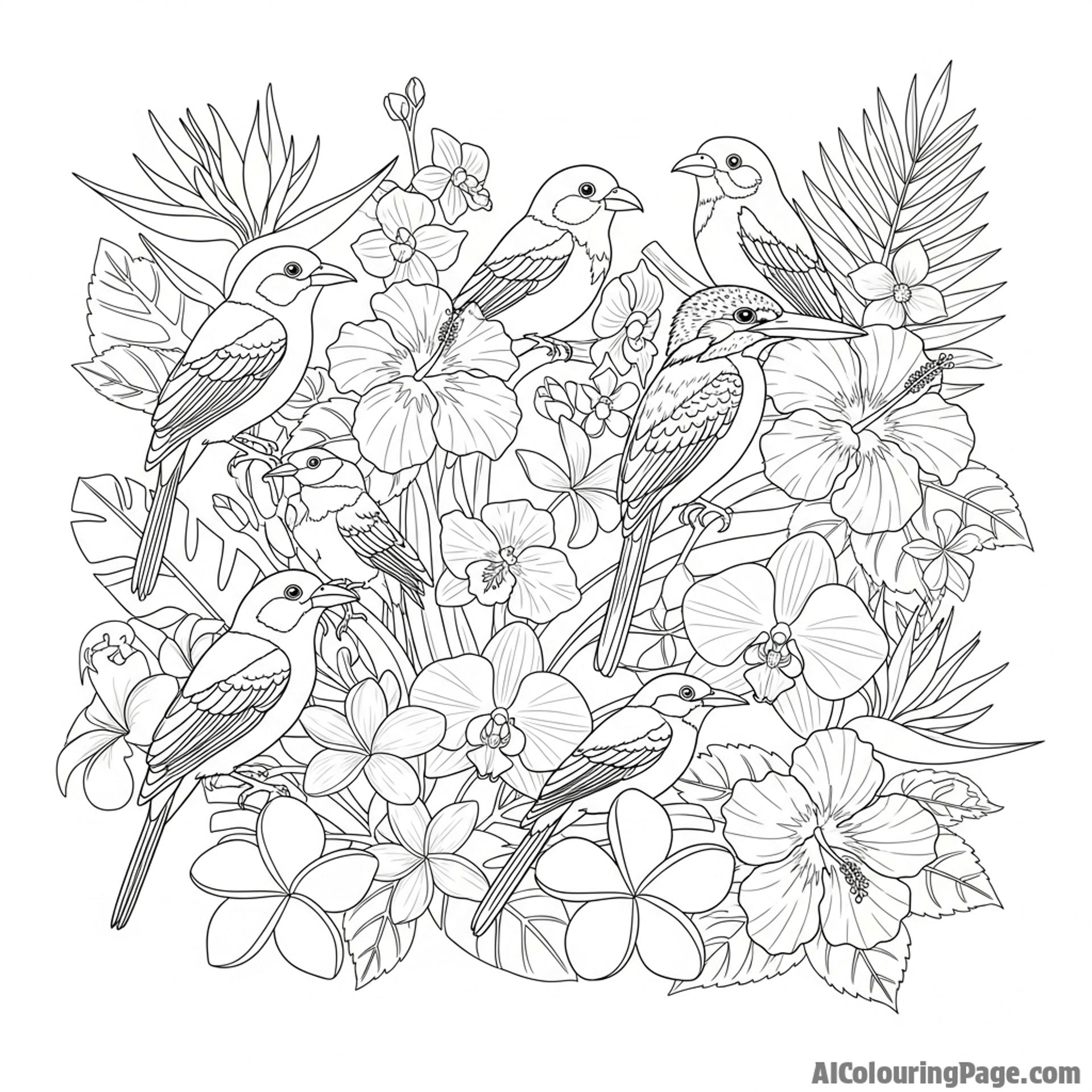 Exotic birds perched on vibrant tropical flowers.