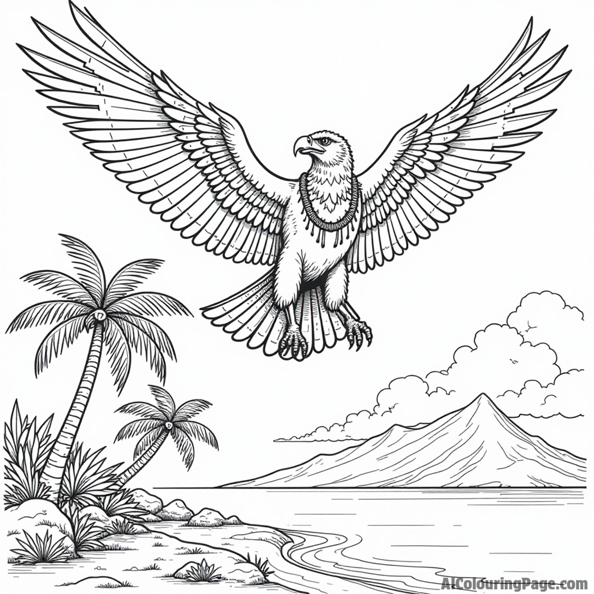Maui the demigod transforming into a giant hawk above a tropical island with palm trees and distant mountains.