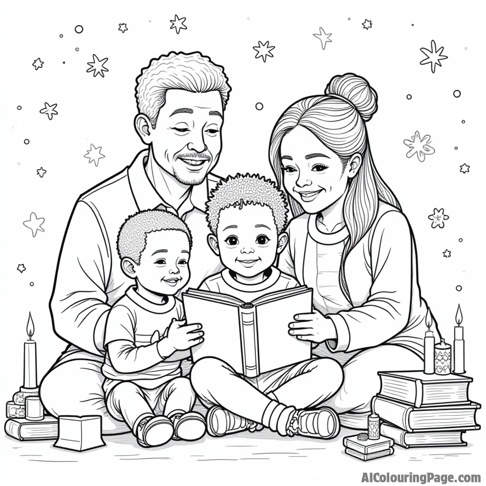A family sitting together reading Kwanzaa books, with decorations around them, promoting the joy of learning and tradition, perfect for a heartwarming black and white coloring page.