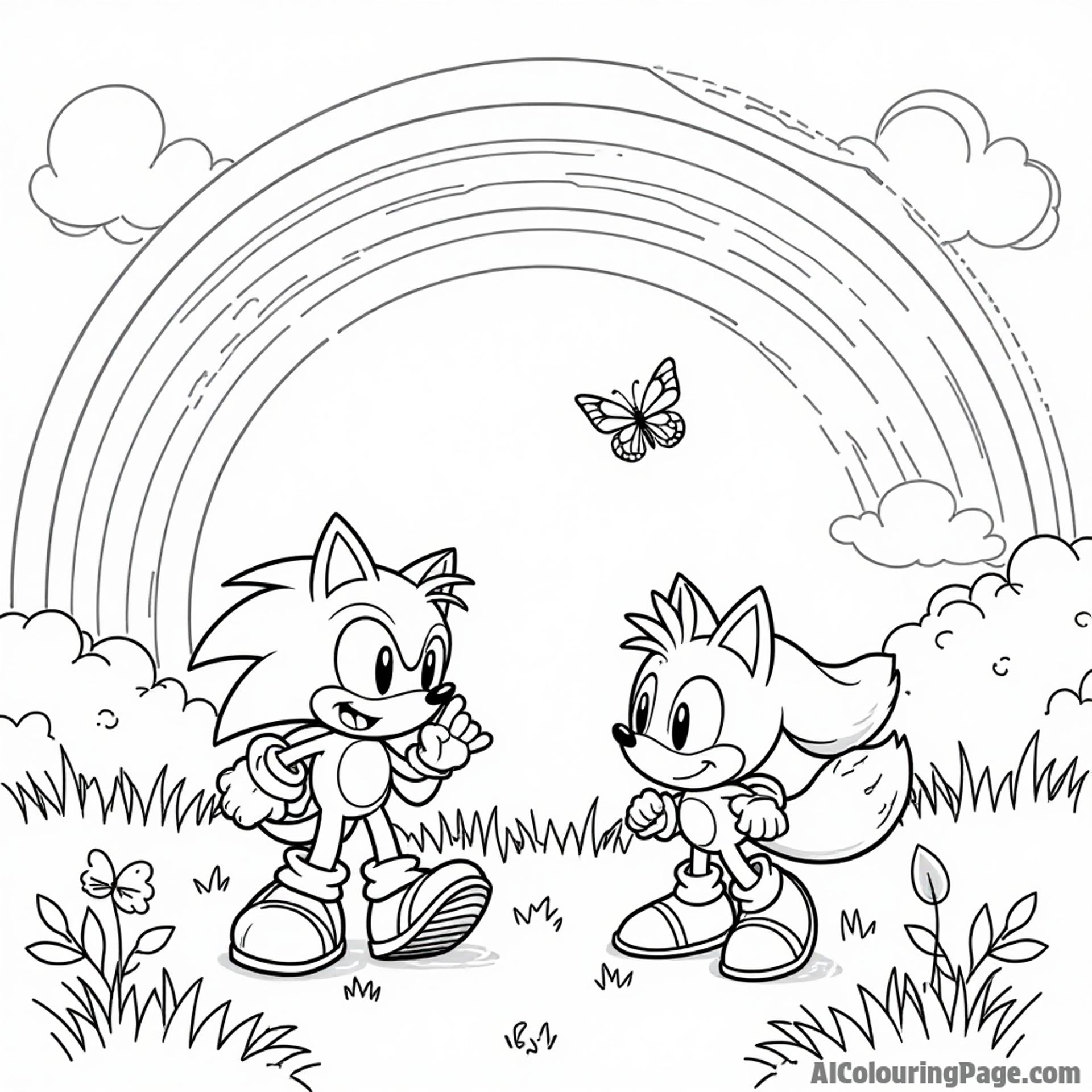Sonic and Tails playing in a sunny meadow, butterflies fluttering around, and a rainbow arching across the sky above them.