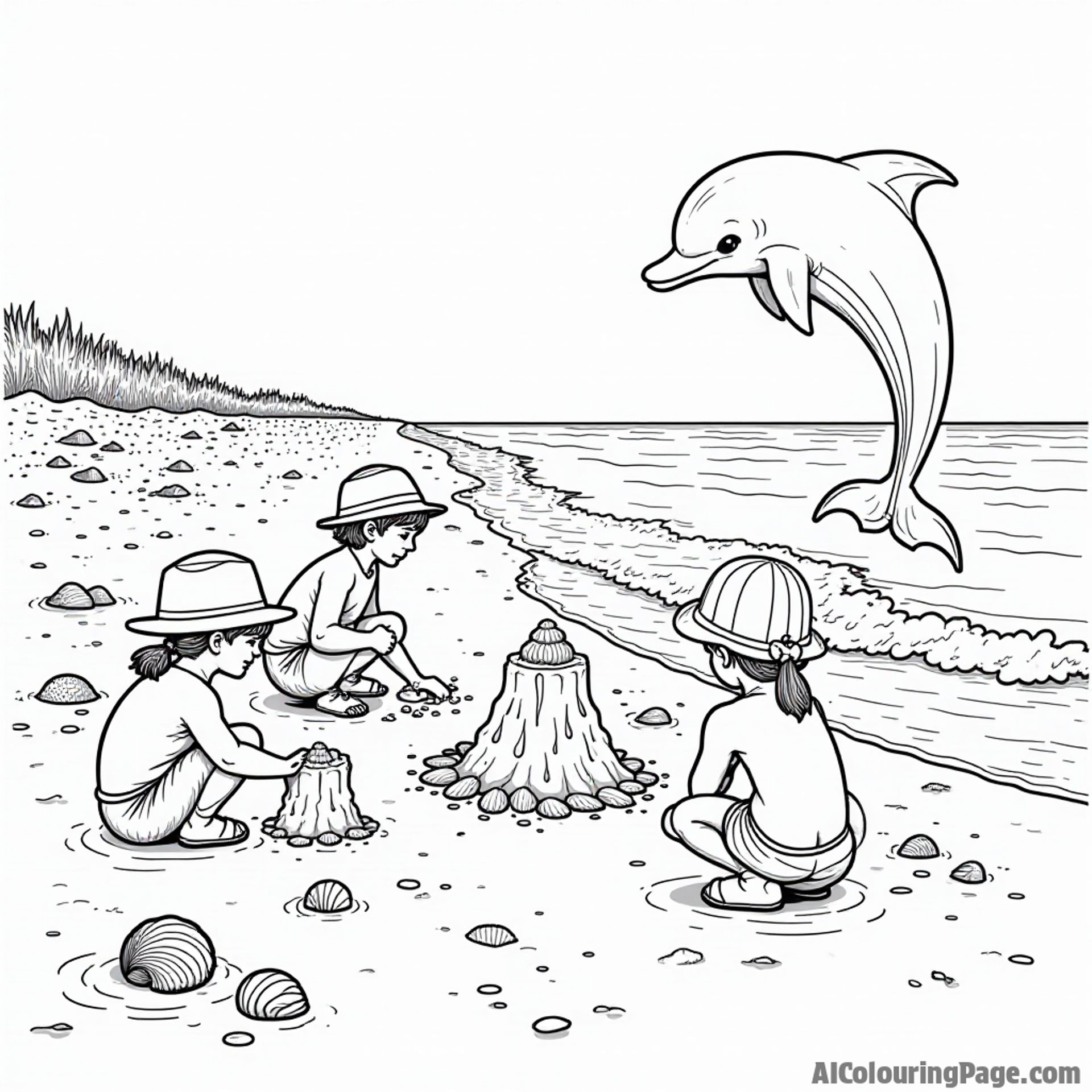A whimsical Alabama beach scene with children building sandcastles, seashells scattered, and a friendly dolphin jumping in the waves.