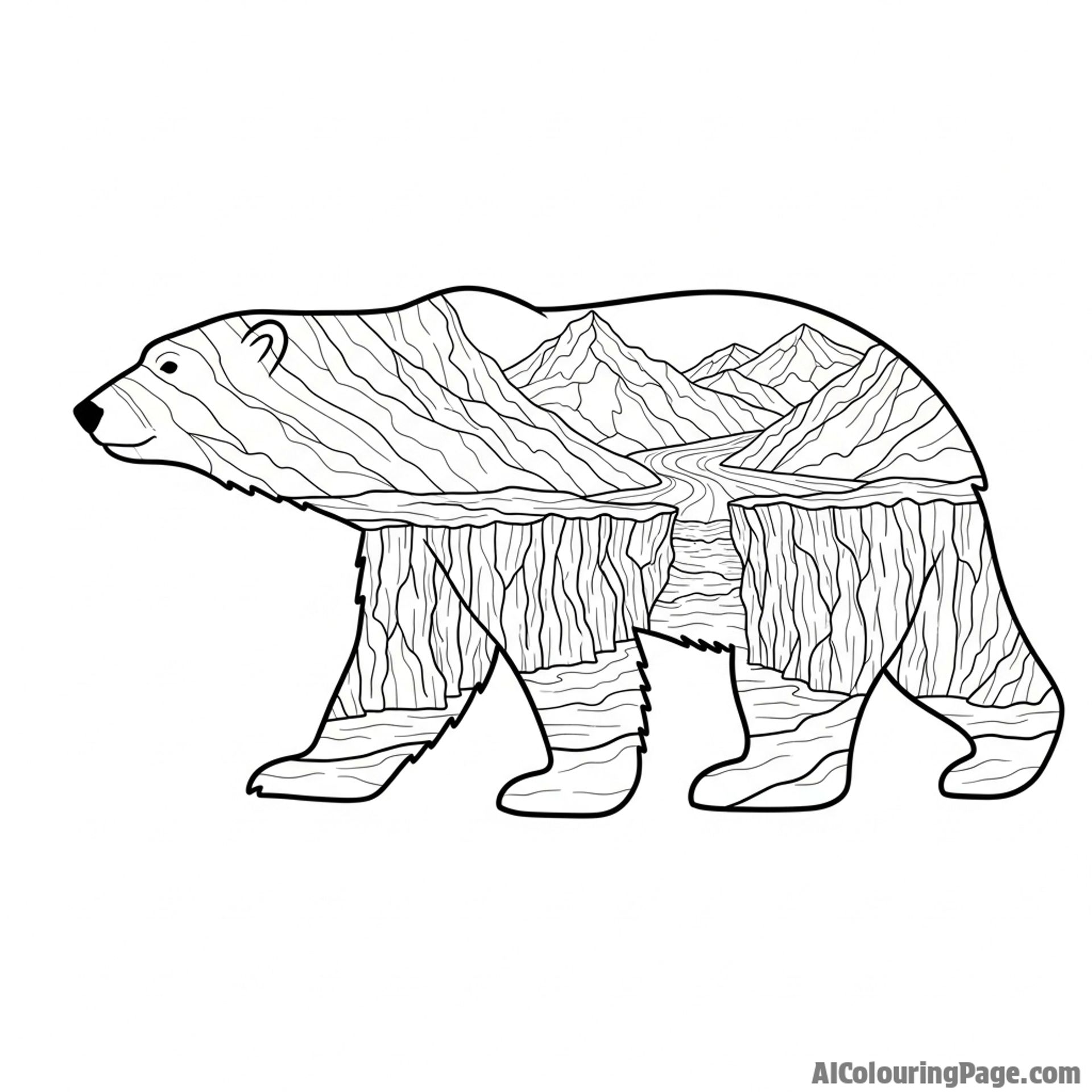 A double exposure merging a polar bear's silhouette with a landscape of glaciers.