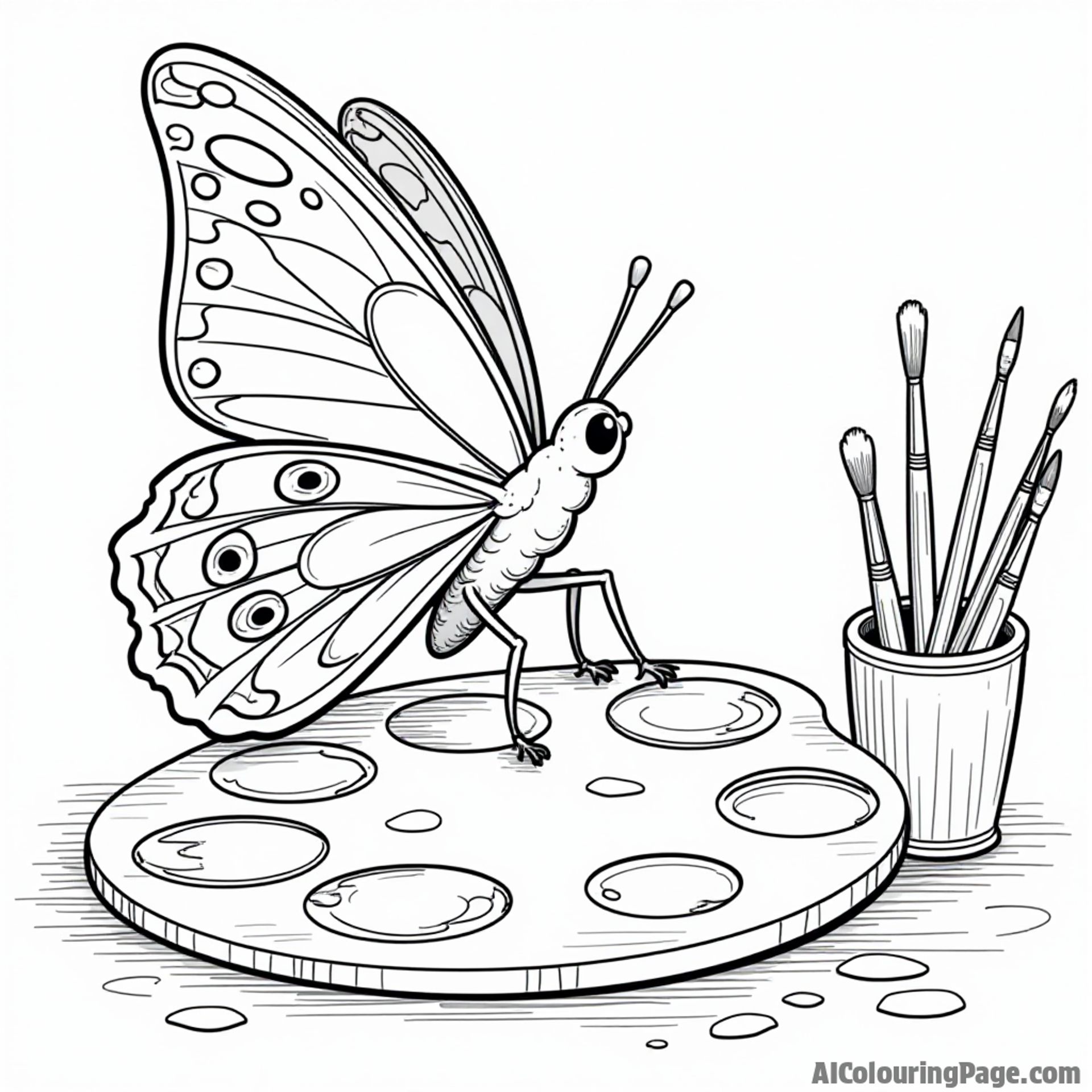 A butterfly perched on a paint palette with brushes, inviting kids to color a creative art scene full of fun.