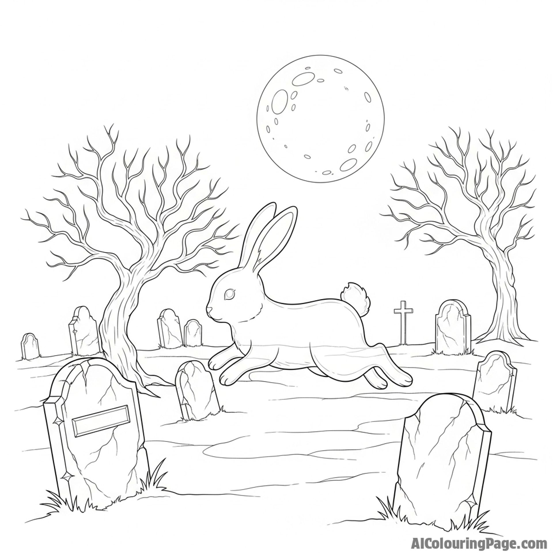 A ghostly, translucent bunny hopping through a moonlit, ancient cemetery.