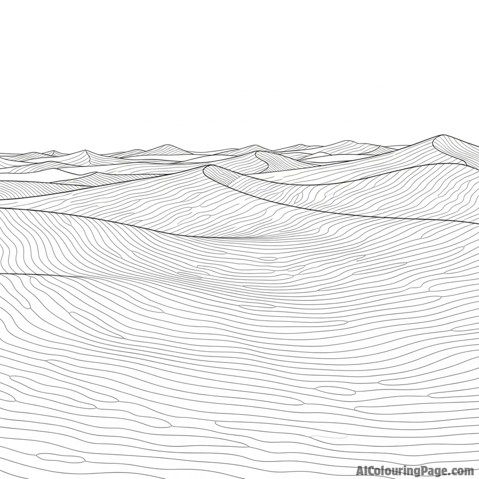 Sand dunes at dawn, ripples and curves, serene stillness.