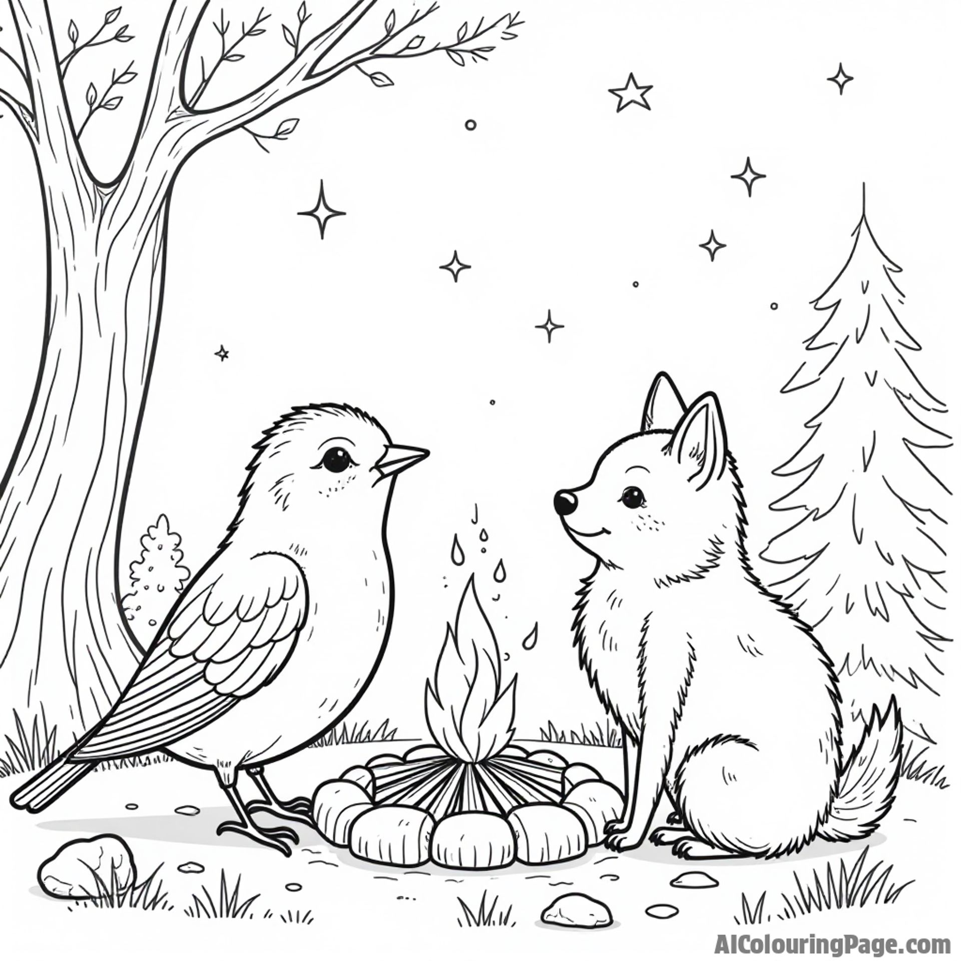 A robin sitting next to a campfire with woodland friends, enjoying stories under the stars, perfect for a cozy coloring page.