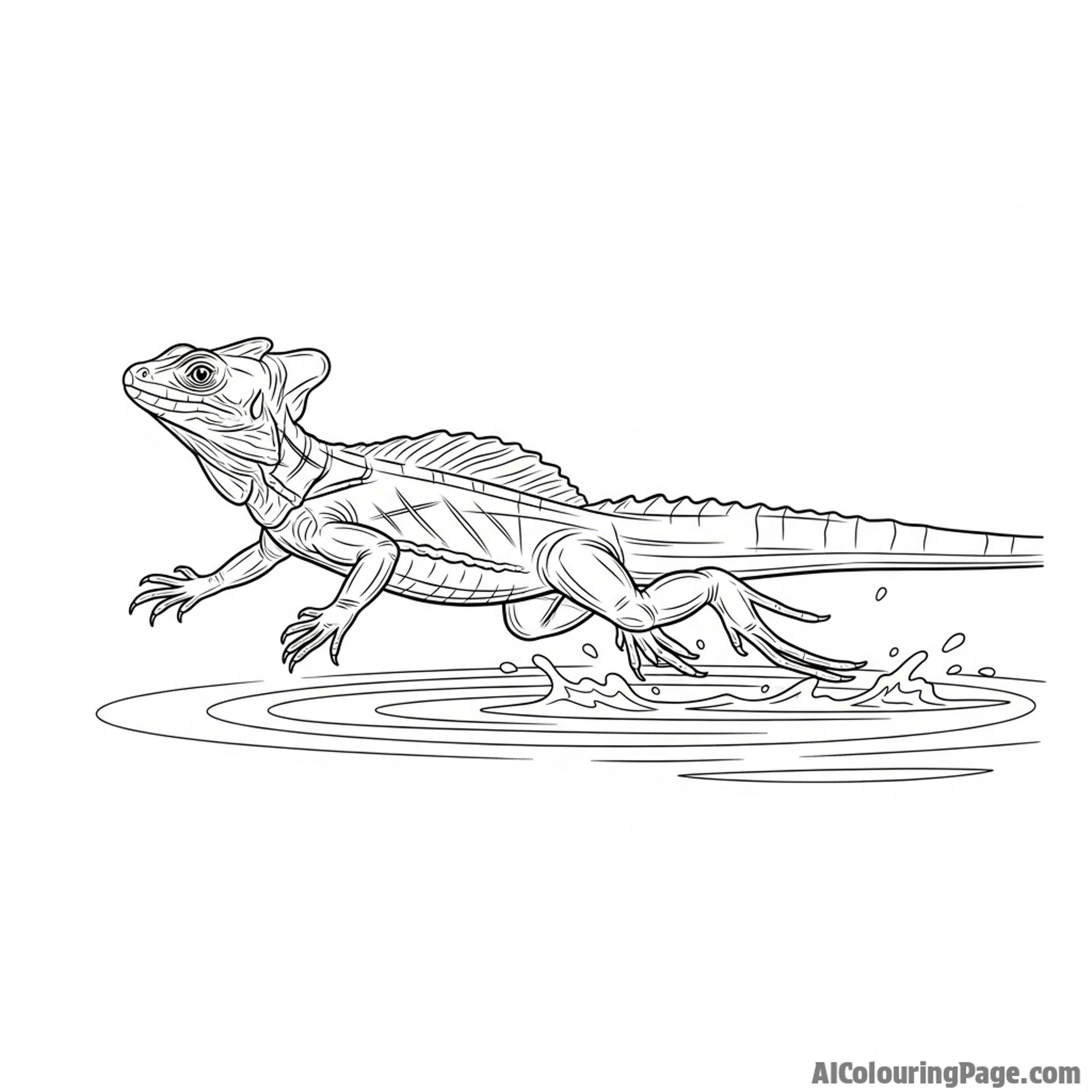A high-speed photograph of a basilisk lizard running across the surface of water.