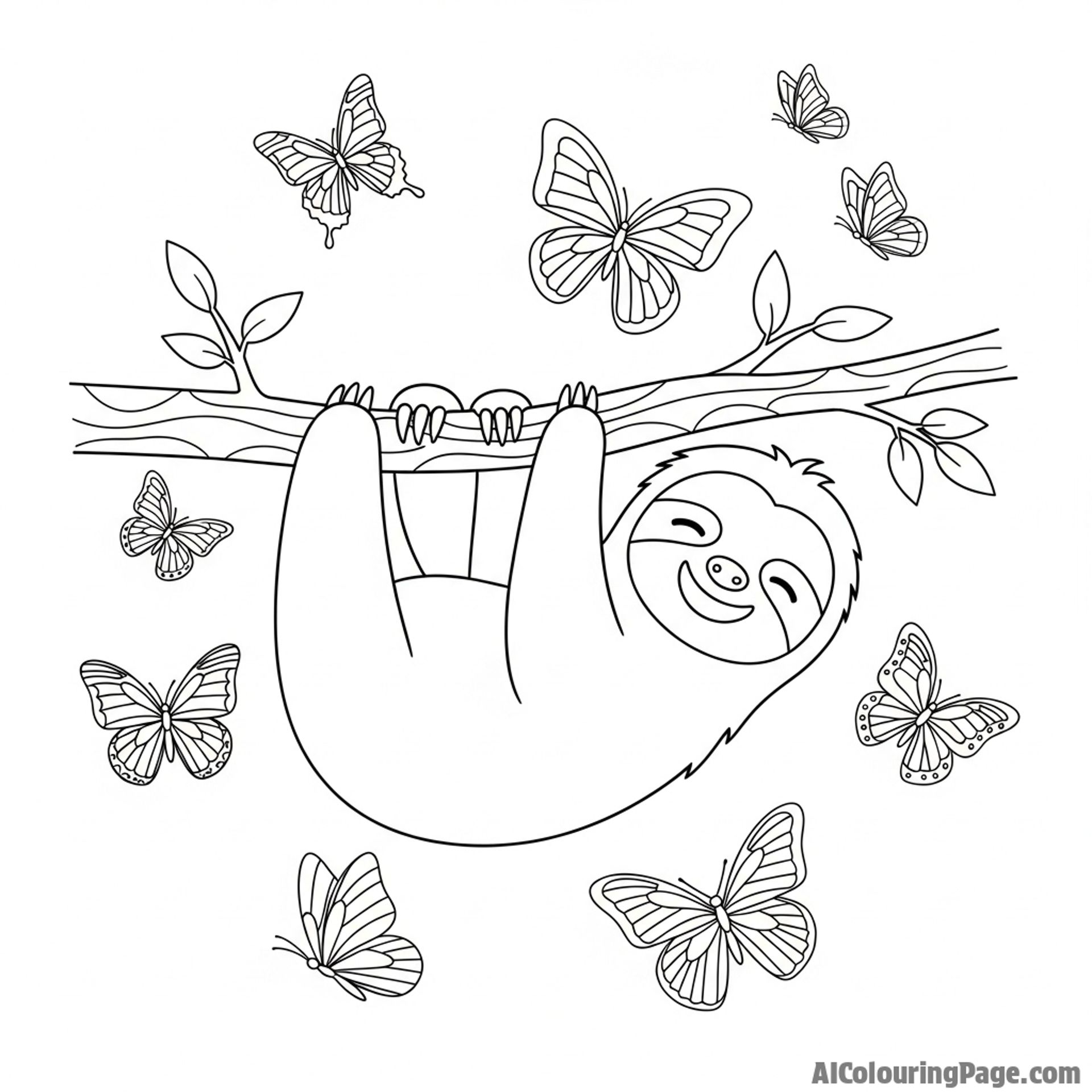 A joyful sloth surrounded by a flutter of butterflies.
