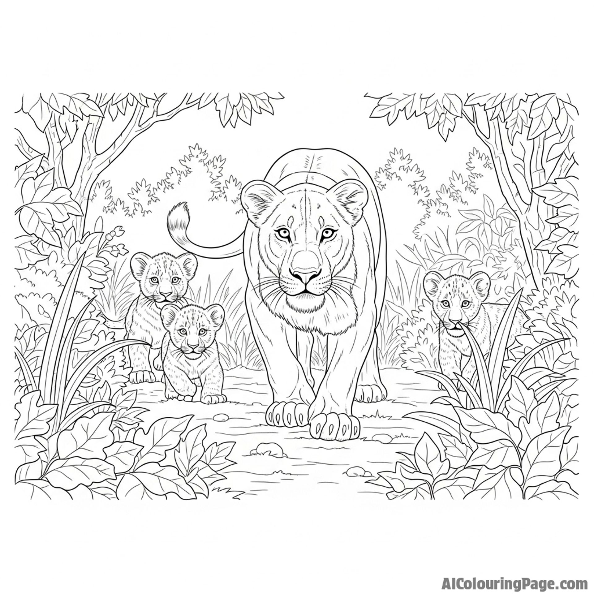 A lioness patiently teaching her cubs the art of stalking in the underbrush.
