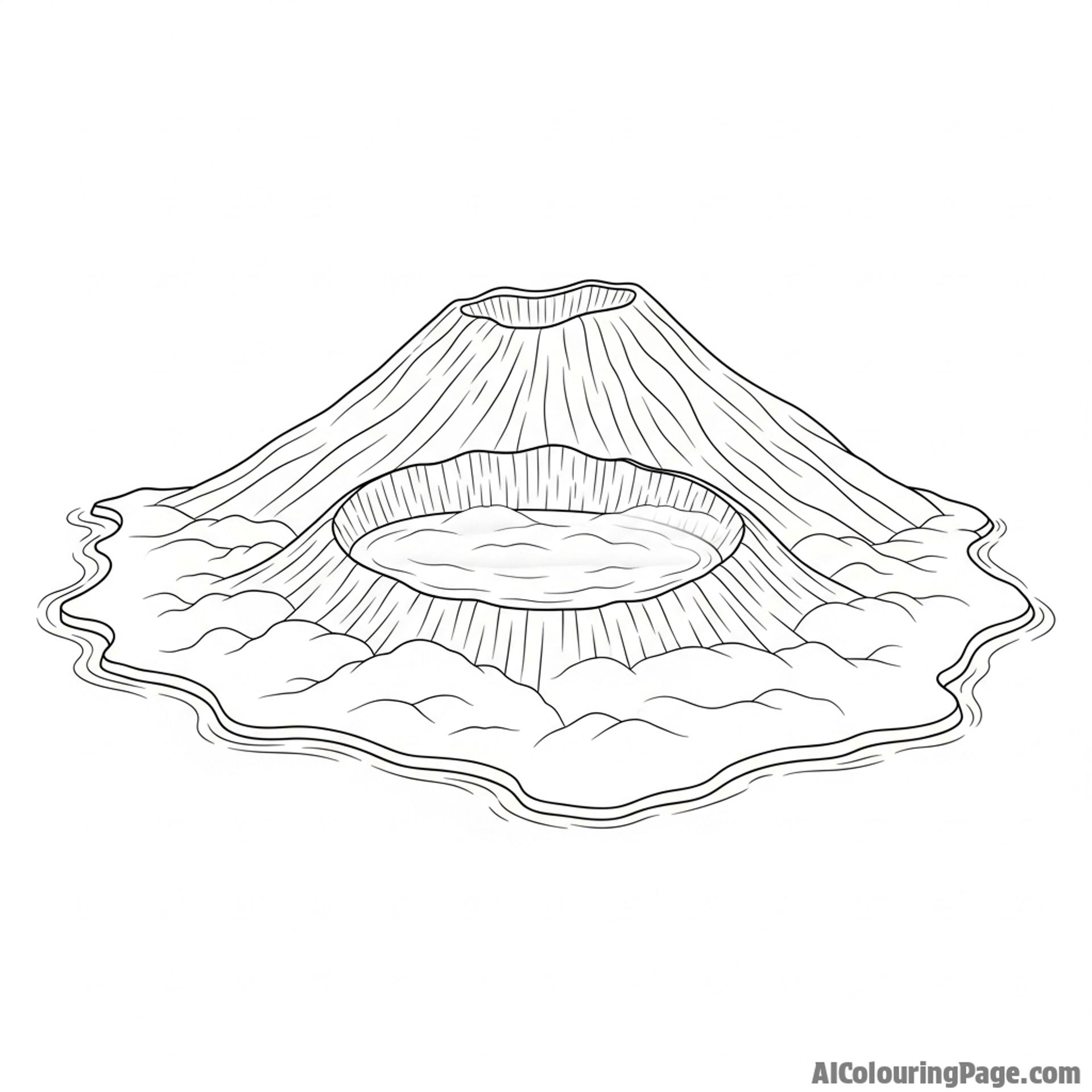 Island volcano crater filled with a misty lake.