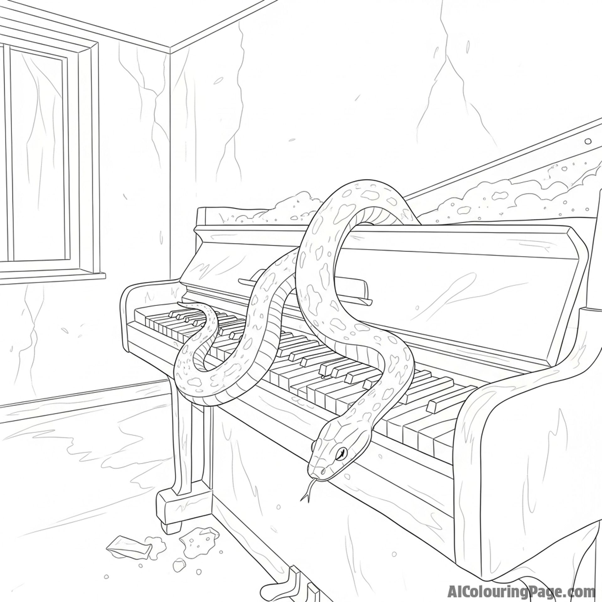 A snake navigating the keys of an old, forgotten piano in a dusty, abandoned room.