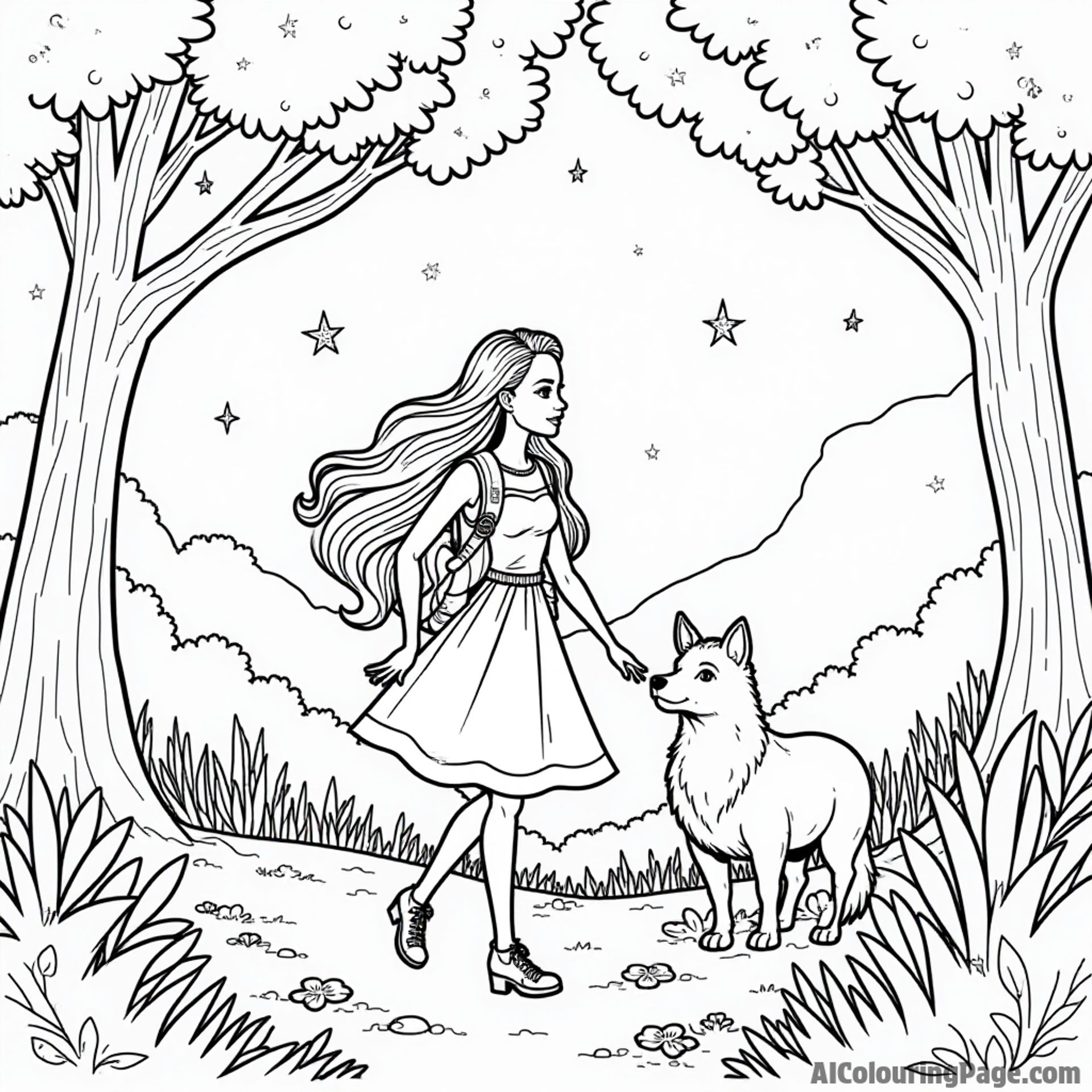 Barbie exploring a magical forest with her animal friends, surrounded by tall trees and sparkling lights, looking adventurous.