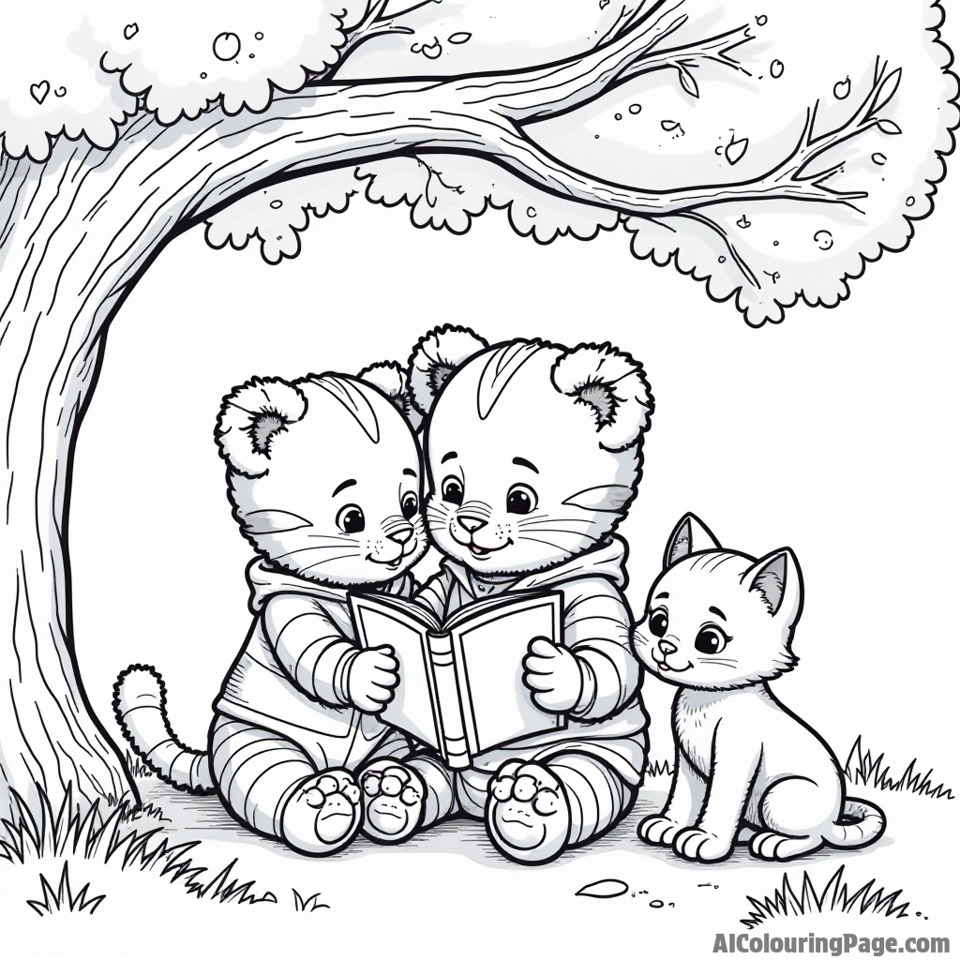 Daniel Tiger reading a storybook under a big tree with his friends Tigee and Katerina Kittycat nearby, enjoying the moment.
