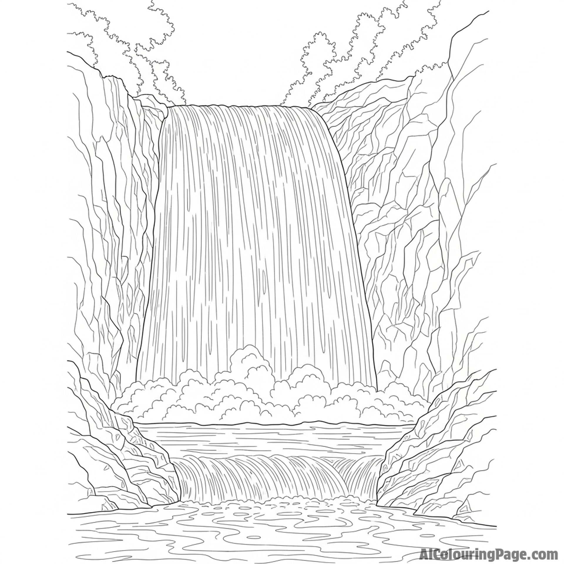 A waterfall viewed from behind the cascading water.