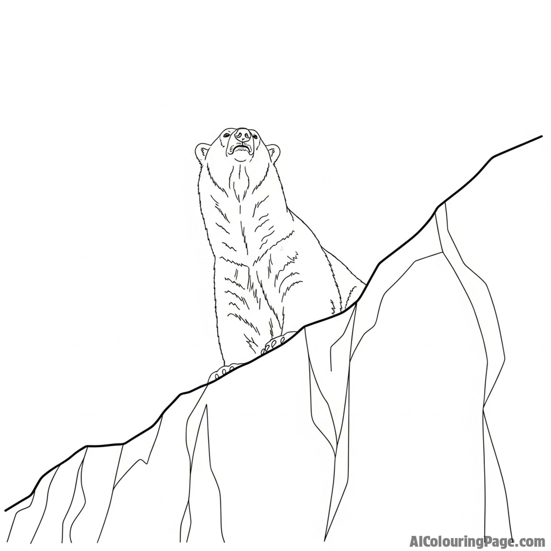 A low-angle shot looking up at a formidable polar bear on a high ice ridge.
