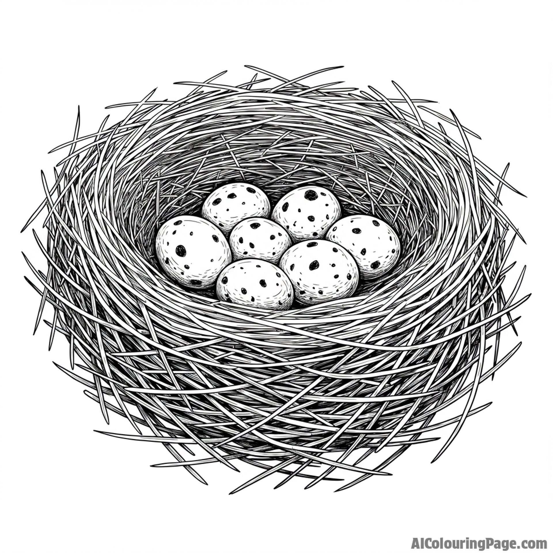 A freshly built bird's nest filled with tiny eggs.