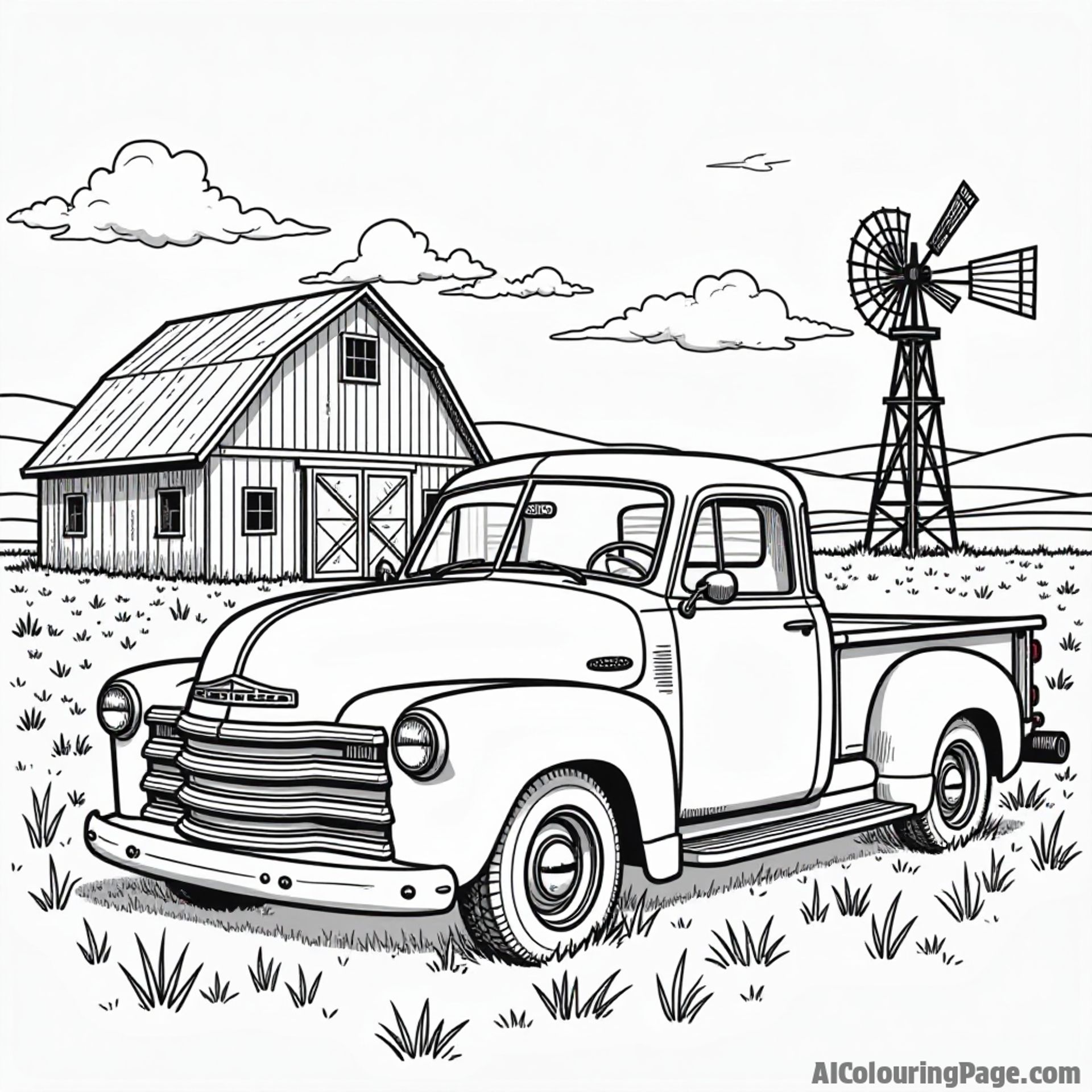 A vintage pickup truck parked by a red barn, with rolling plains and a windmill in the background for coloring fun.