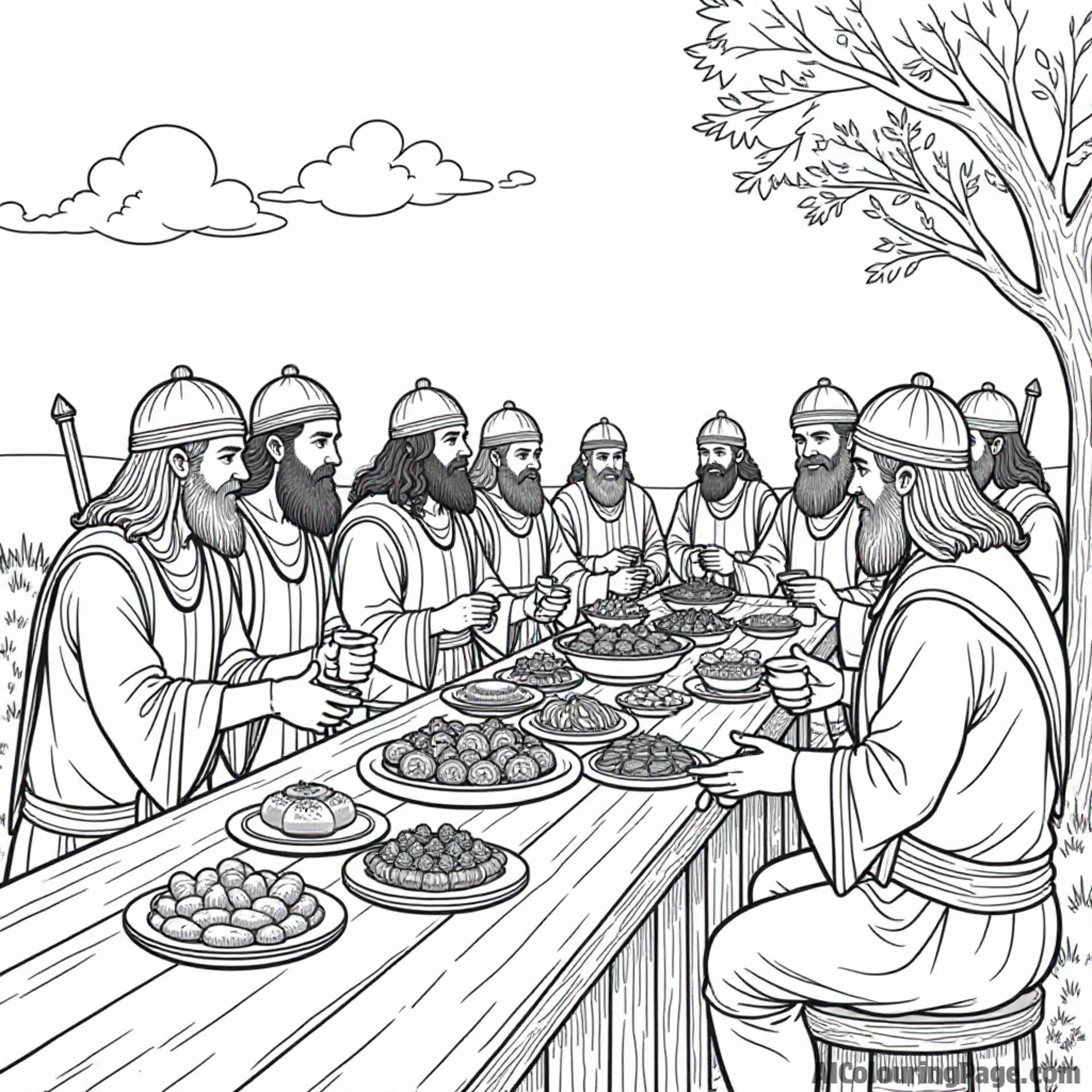 A Viking feast scene with long wooden tables, delicious foods, and merry villagers celebrating, showcasing the joyous side of Viking life for children to enjoy coloring.