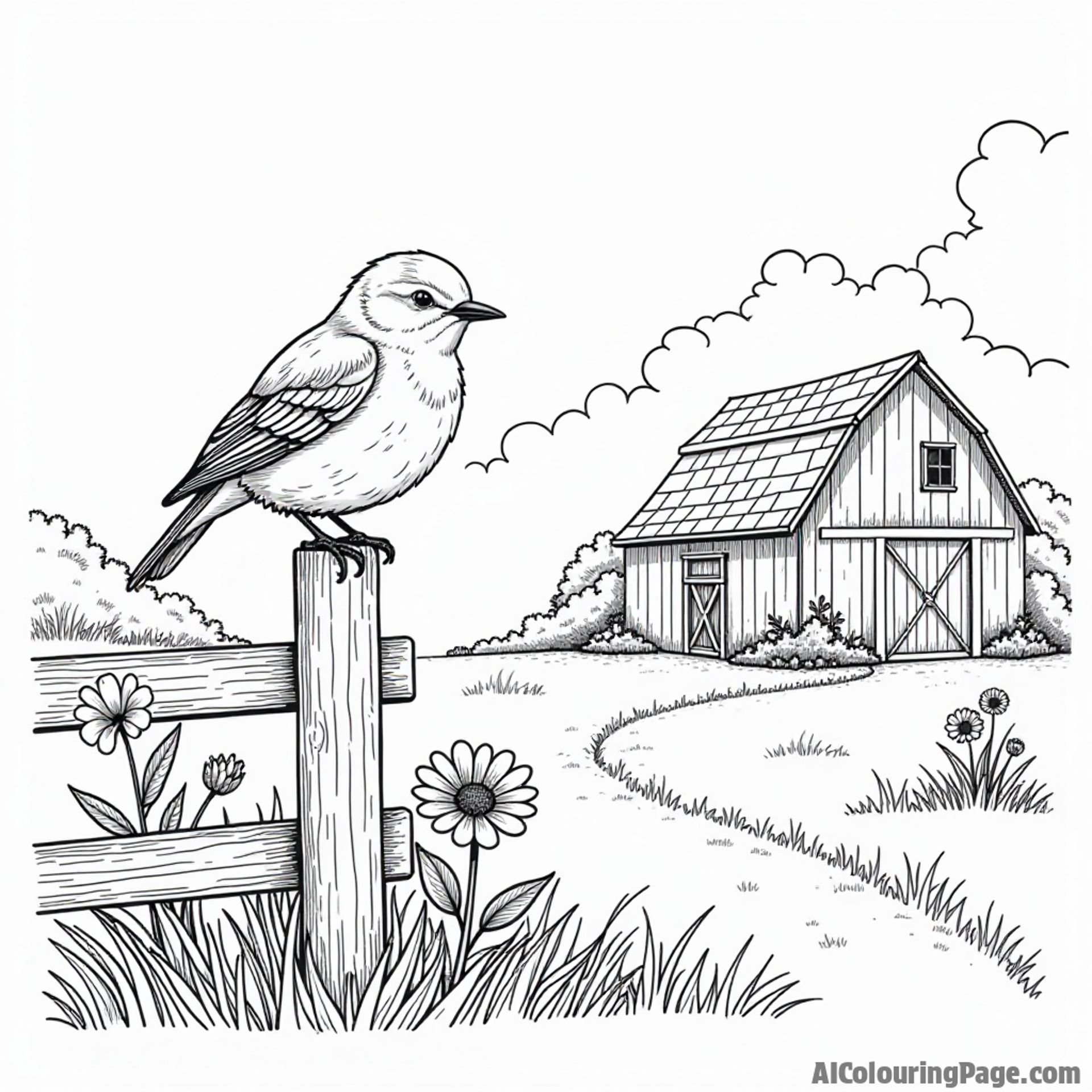 A whimsical scene of a Georgia Bluebird perched on a fence post, surrounded by wildflowers and a rustic barn.