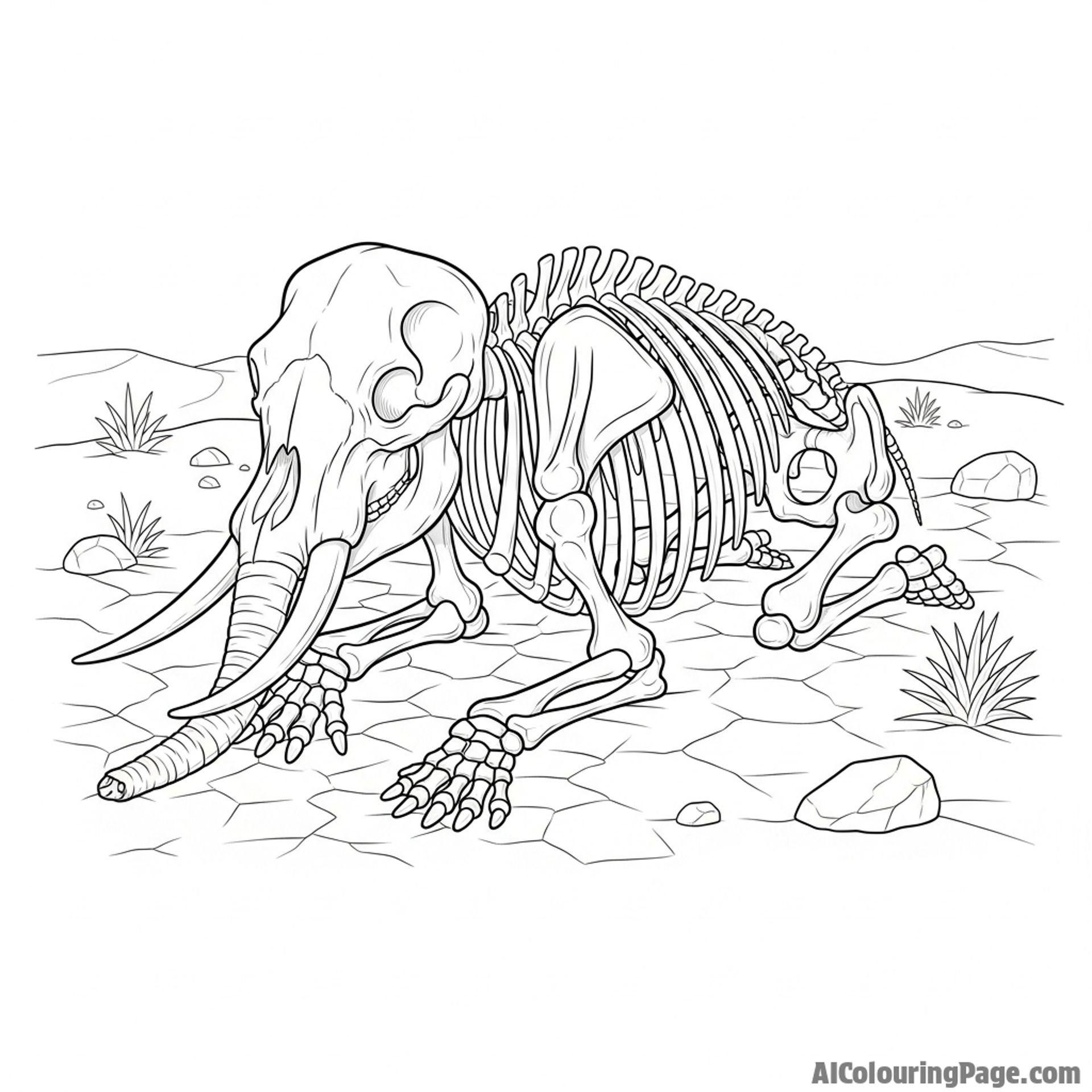 The massive skeleton of an elephant resting in an arid desert.