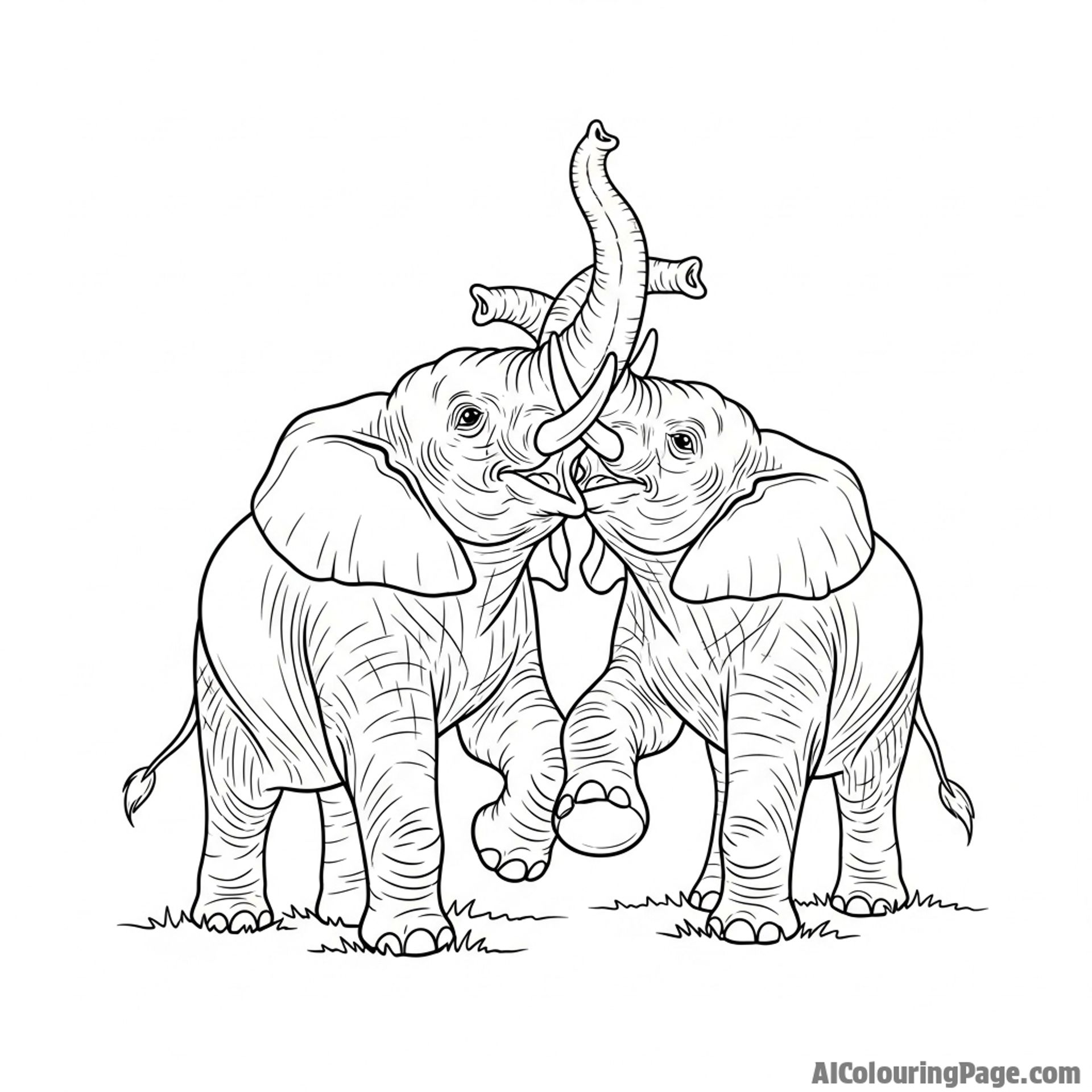 Two young elephants playfully wrestling, their trunks intertwined.