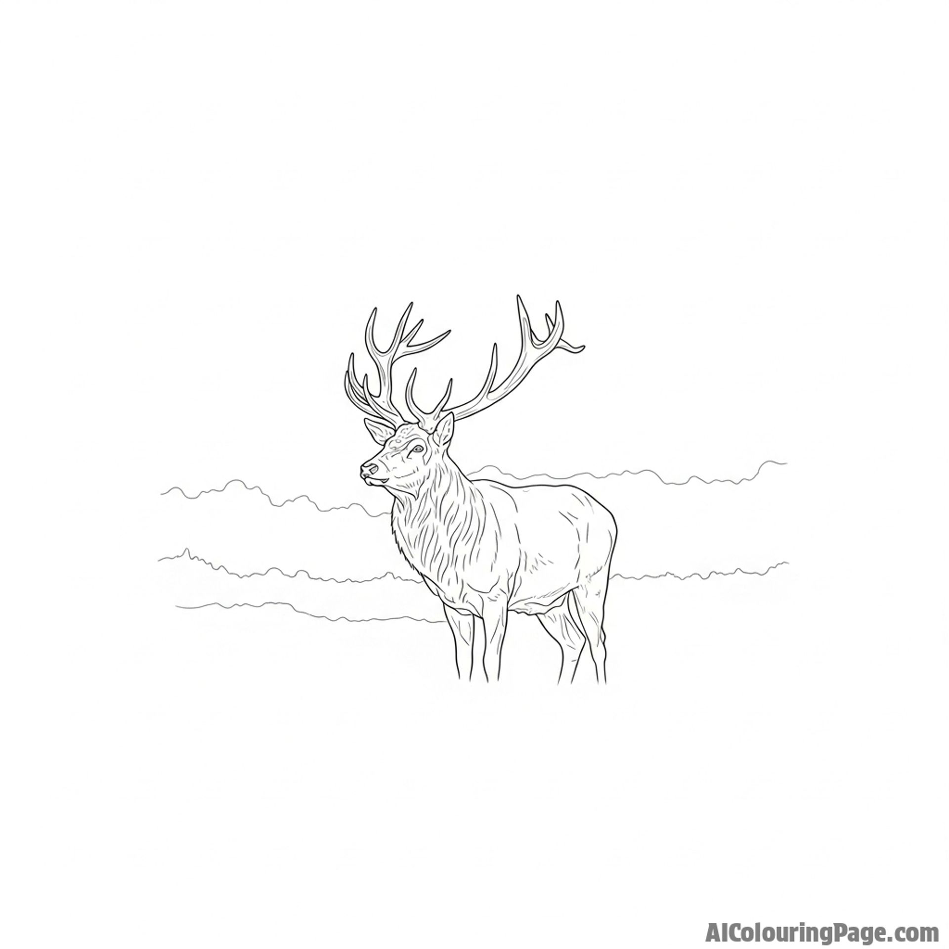A majestic stag with enormous antlers, silhouetted against a misty morning sky