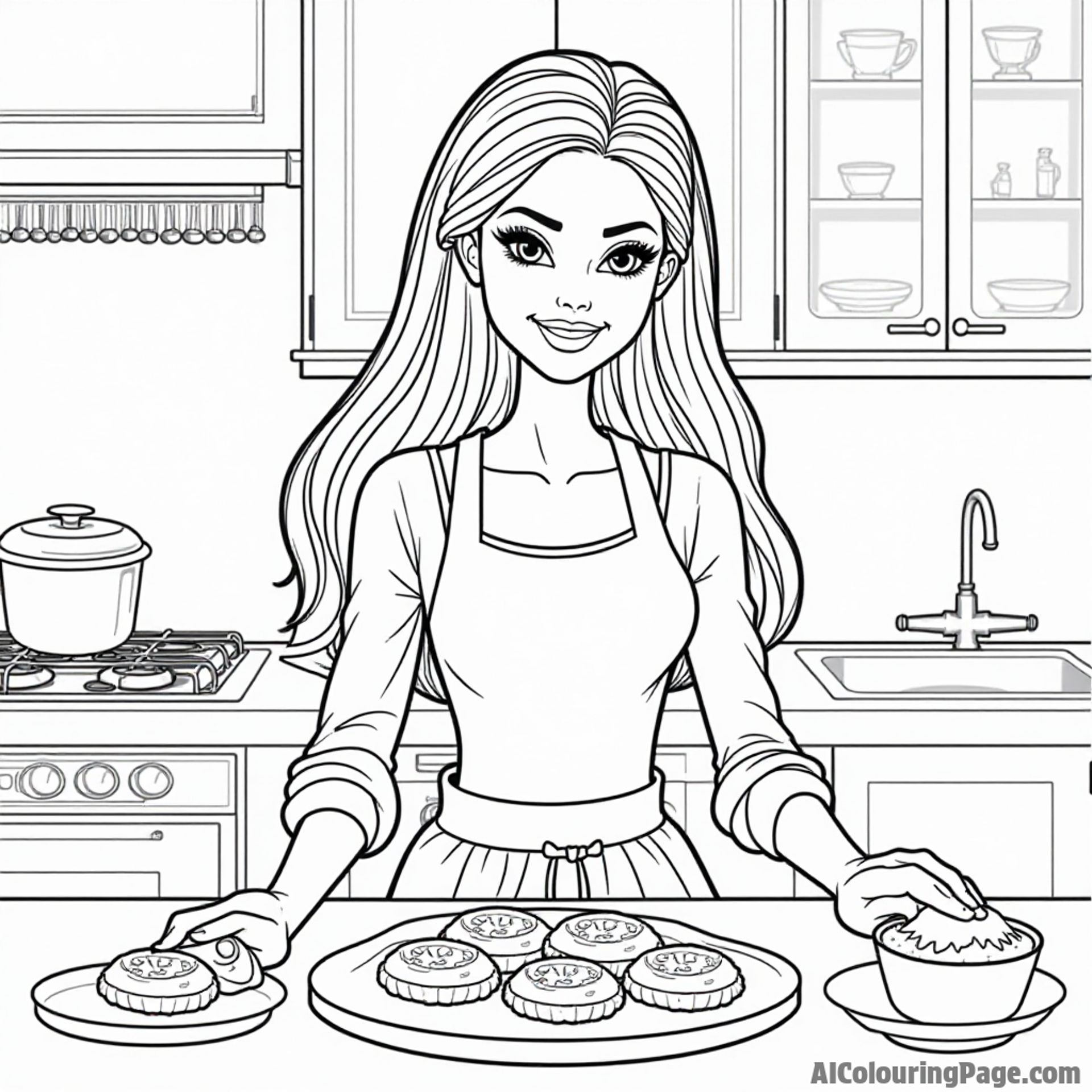 Barbie baking cookies in a cozy kitchen, with flour on her face and a rolling pin in her hands, smiling.