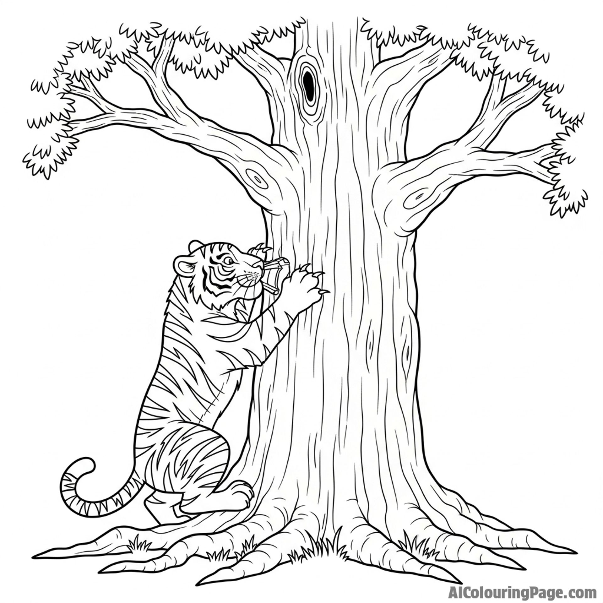 A tiger sharpening its claws on the bark of an ancient, gnarled tree.