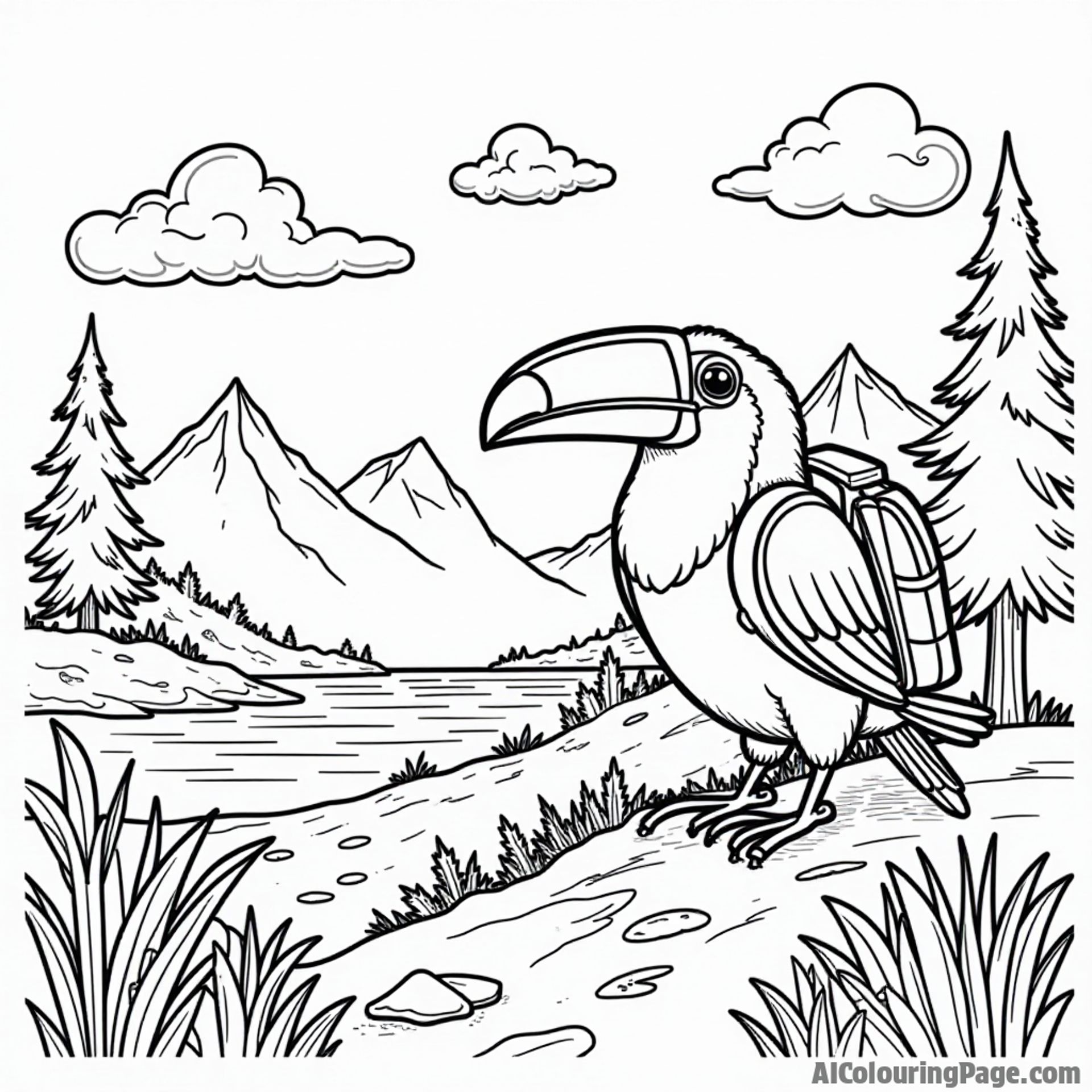 A toucan with a backpack exploring various landscapes like mountains, beaches, and forests for kids to color and enjoy.
