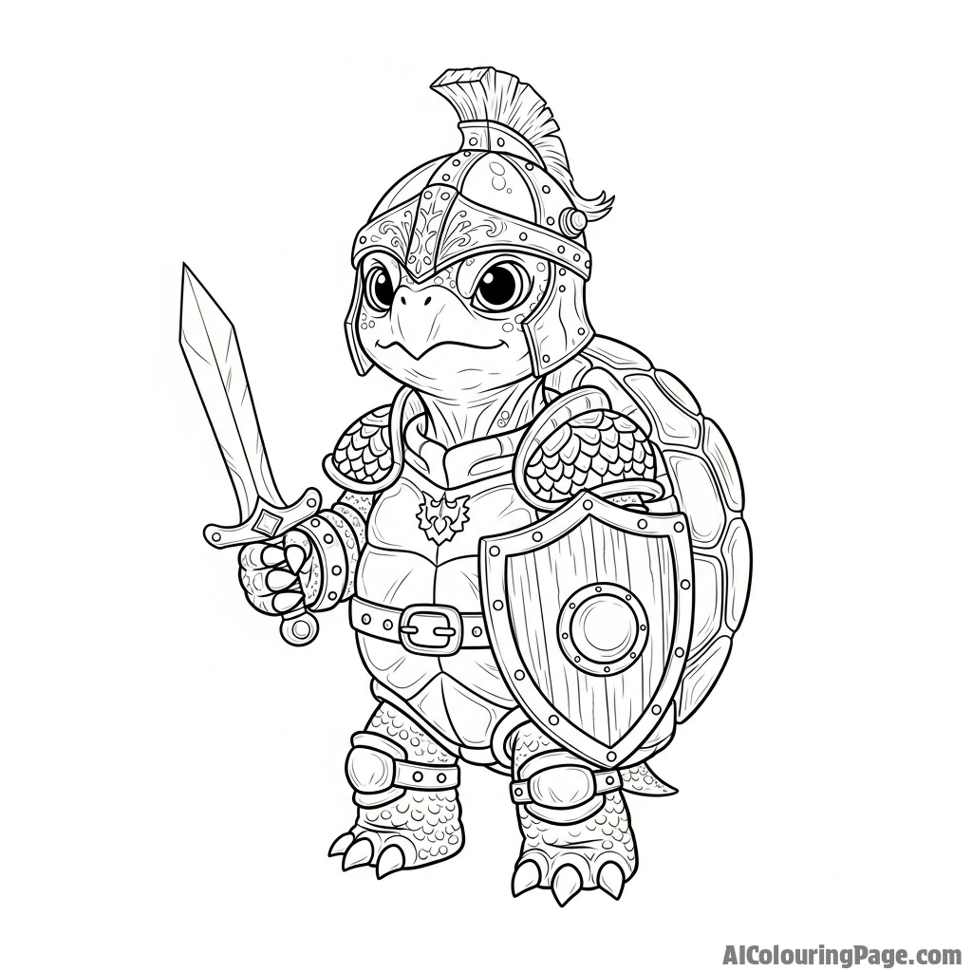 A turtle as a character in a fantasy epic, wearing tiny armor.