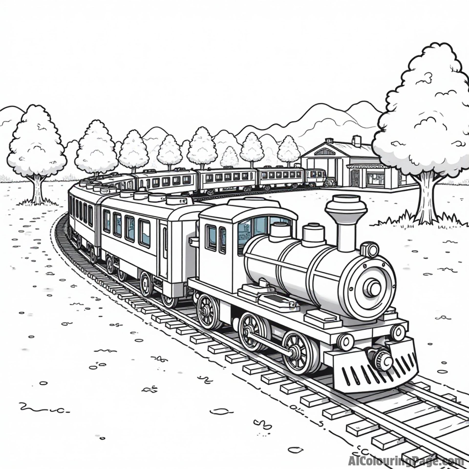 A LEGO train on a railway track with colorful cars, a station, and trees lining the route in the background.