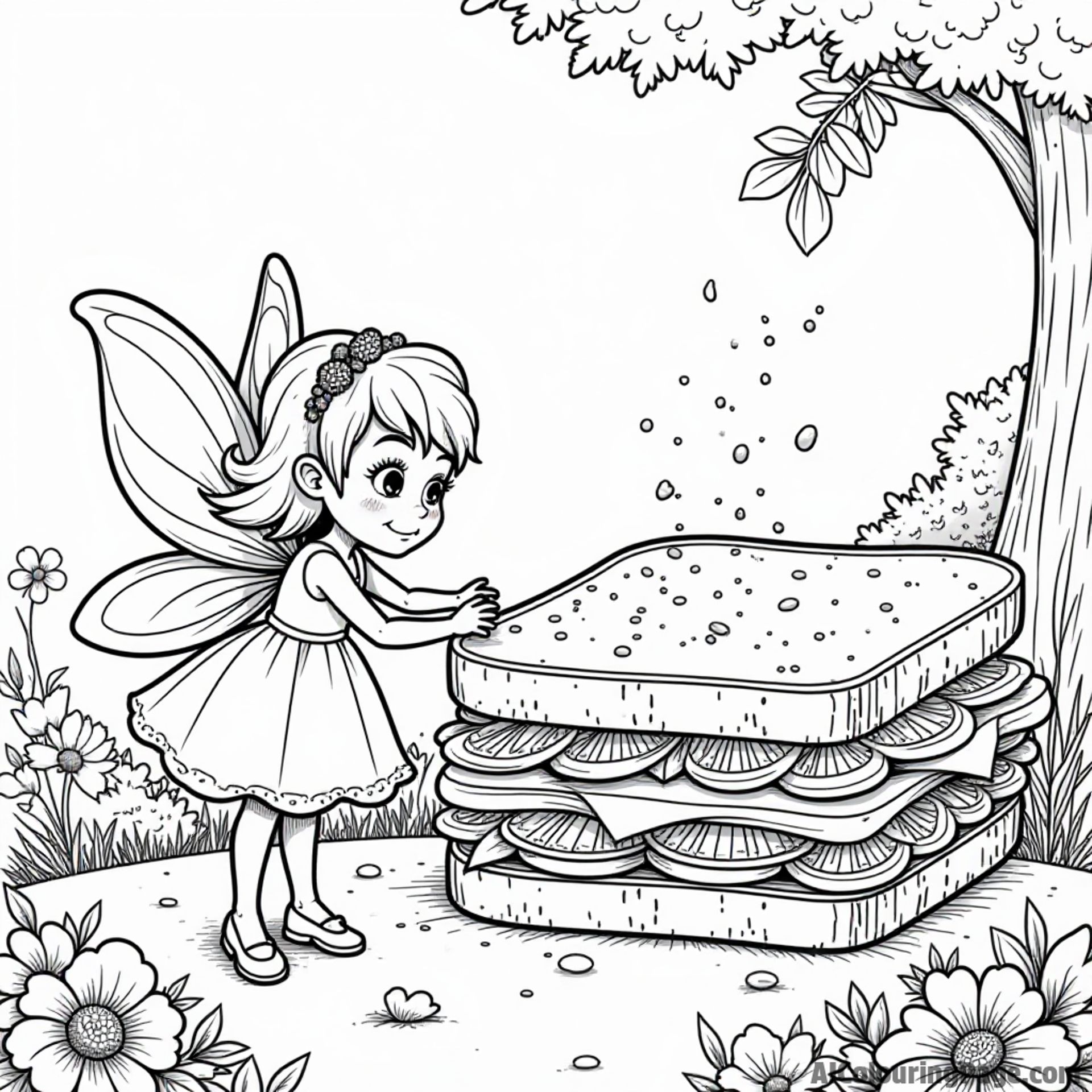 A cute sandwich fairy sprinkling magic seasoning on a giant sandwich in a lush garden filled with flowers.