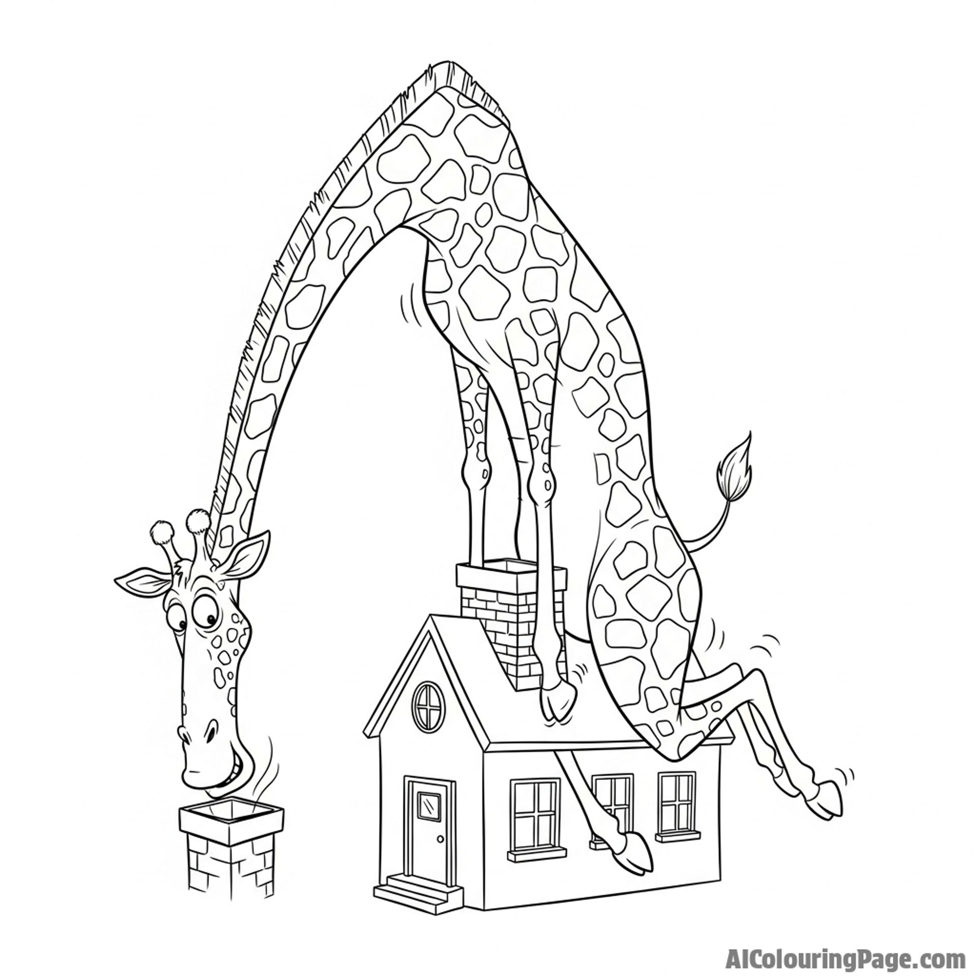 A humorous cartoon of a giraffe trying to fit inside a tiny house.