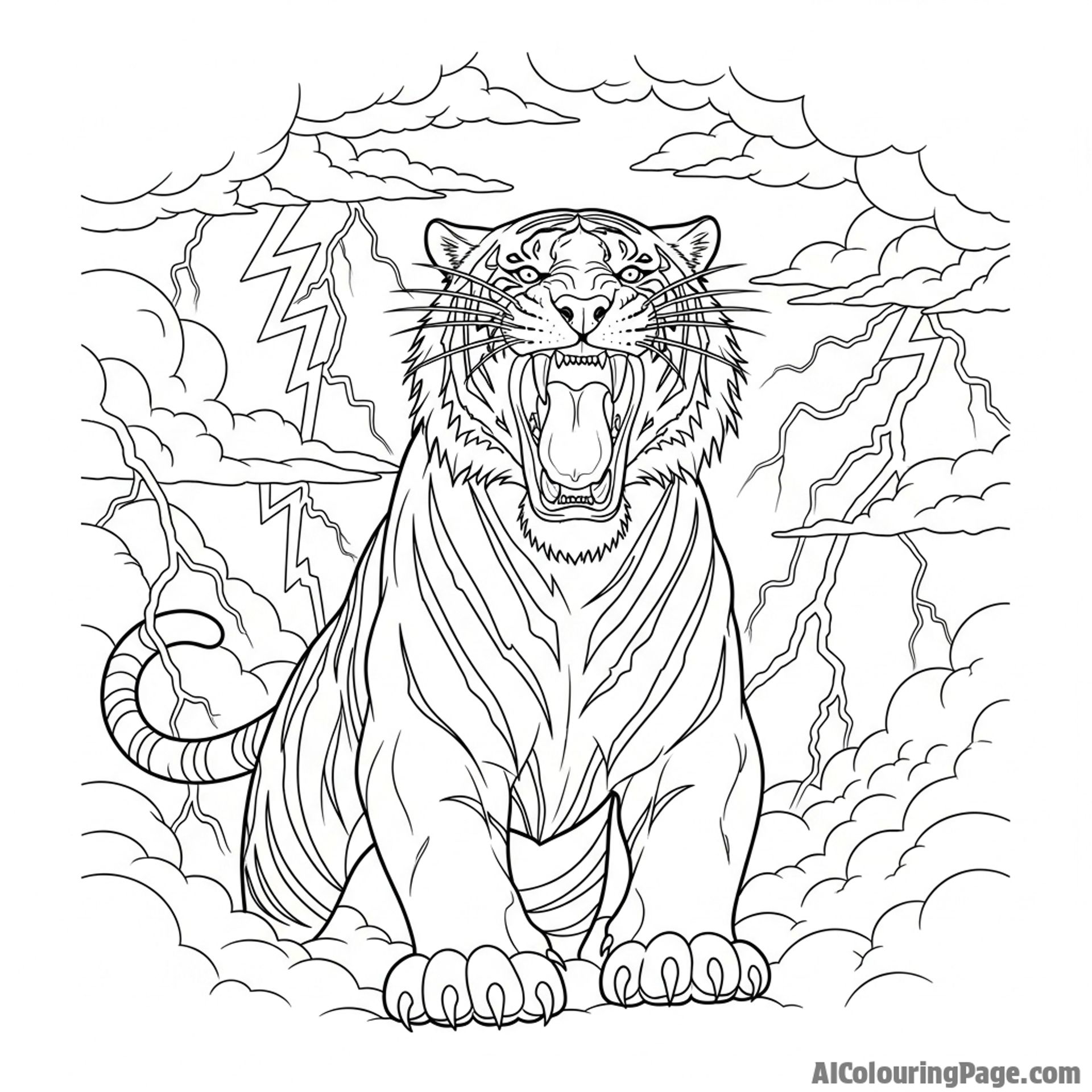 The powerful silhouette of a roaring tiger against a stormy sky.