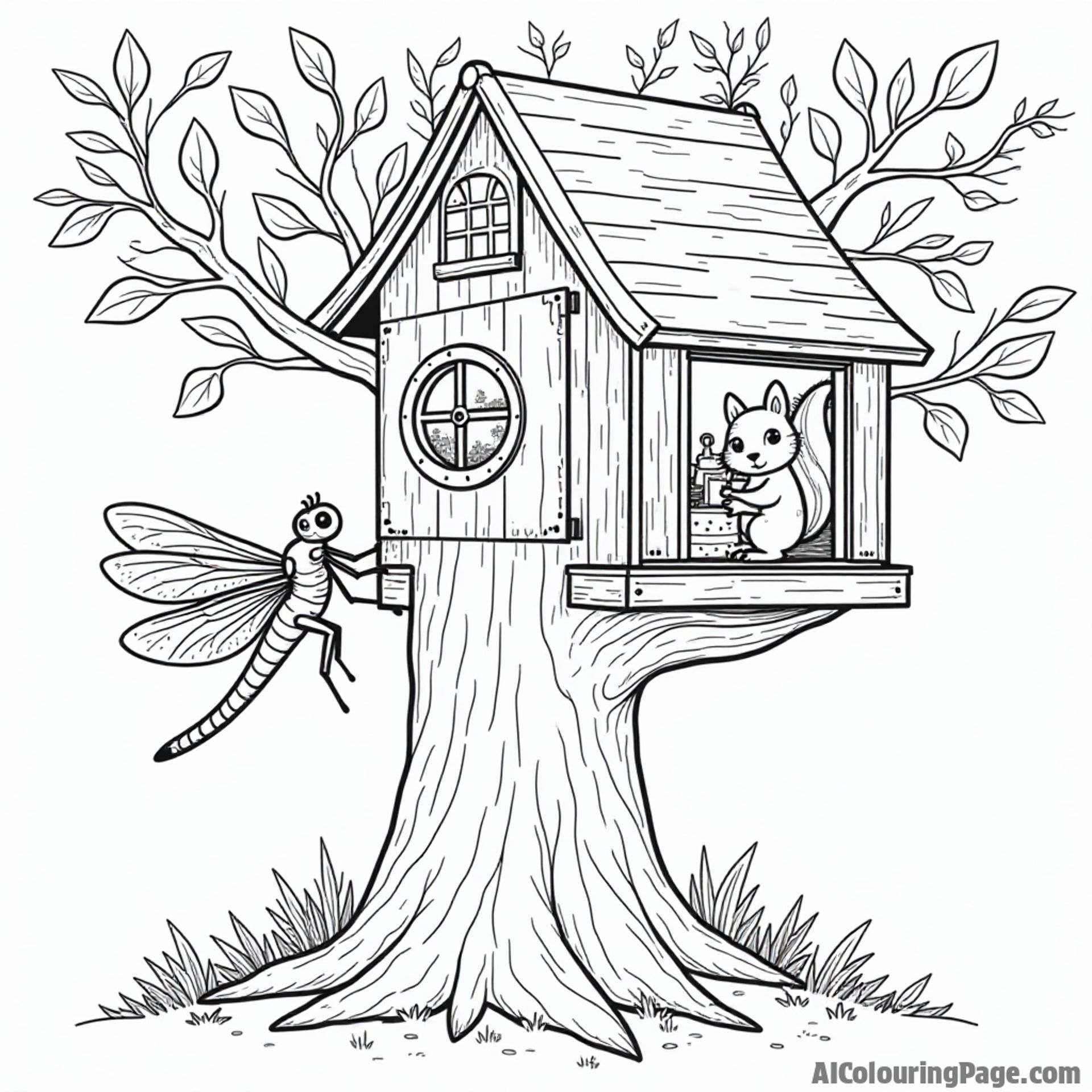 A dragonfly exploring a treehouse filled with colorful toys and a friendly squirrel peeking through the window.