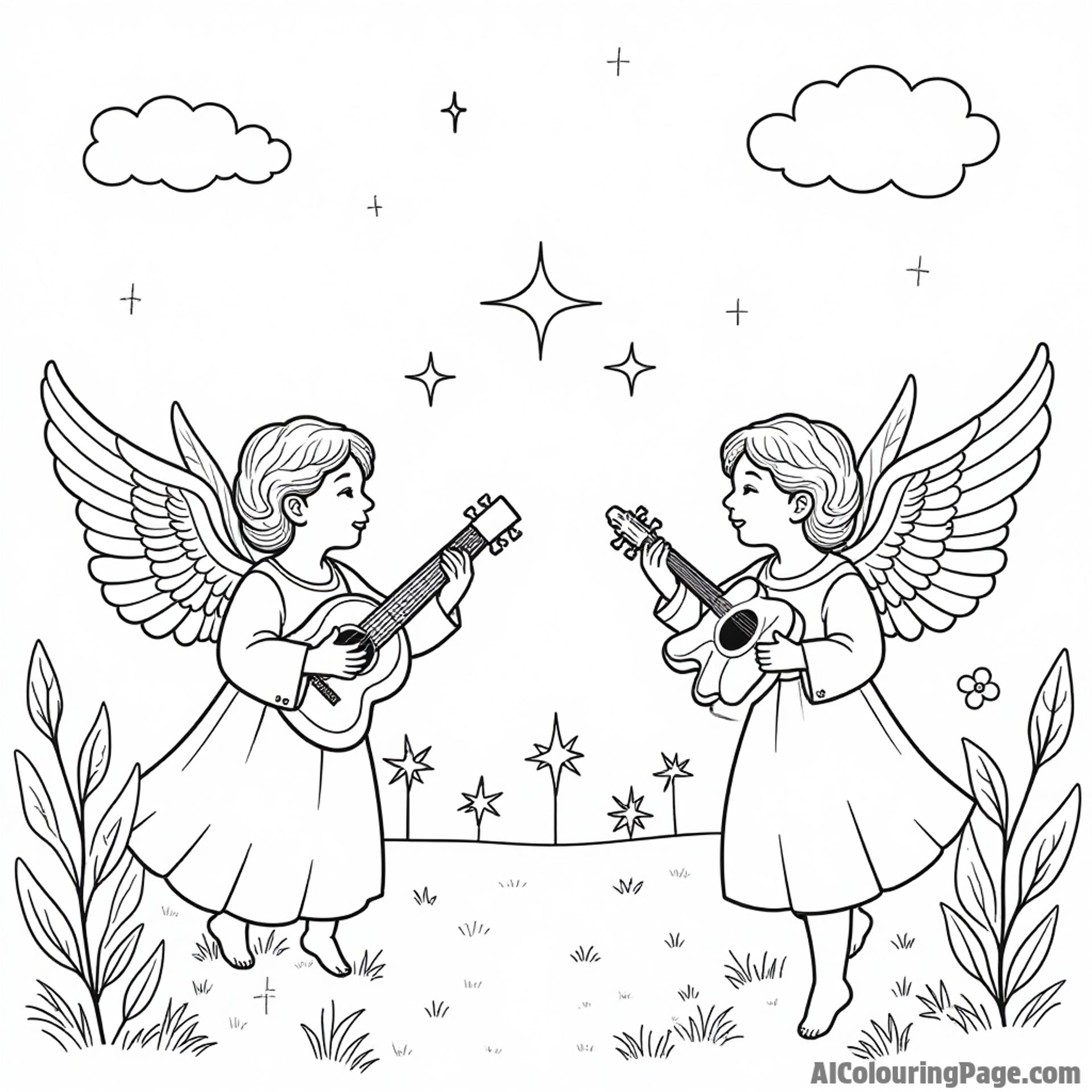 Angels playing musical instruments in a heavenly garden surrounded by fluffy clouds and radiant stars for coloring fun.