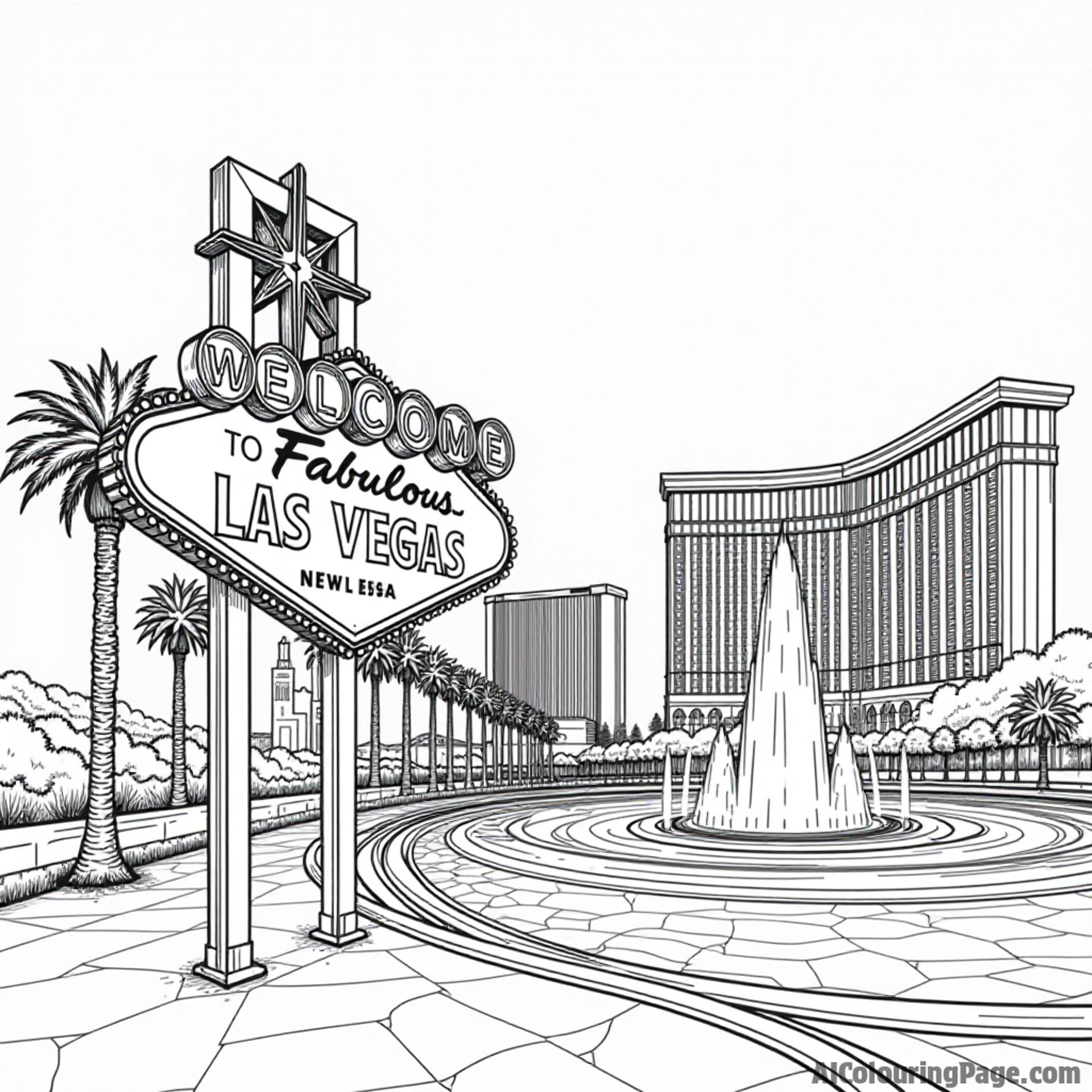 An iconic Las Vegas skyline featuring a giant neon sign, playing cards, and a dancing fountain, United States of America coloring pages
