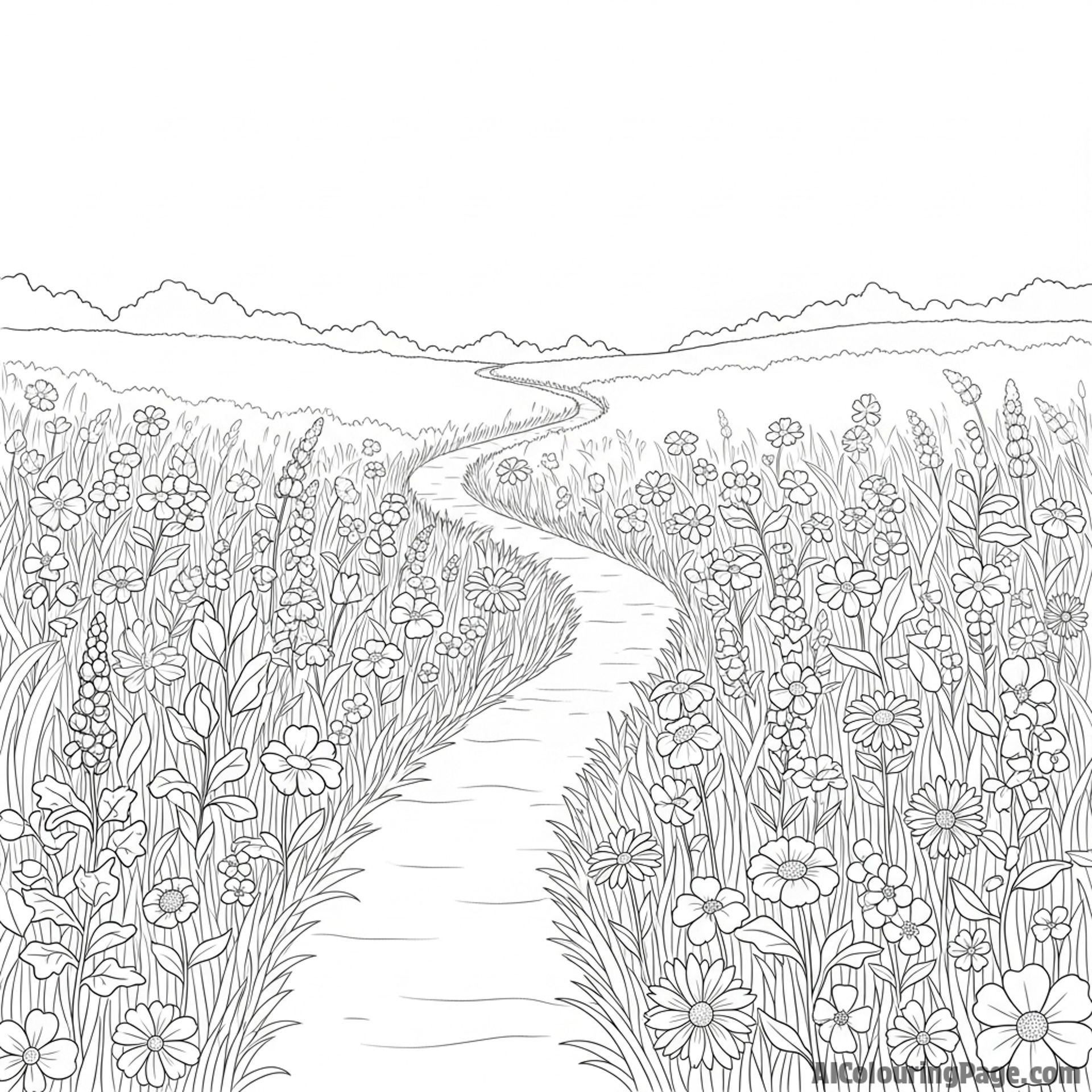 A winding path through a wildflower meadow.
