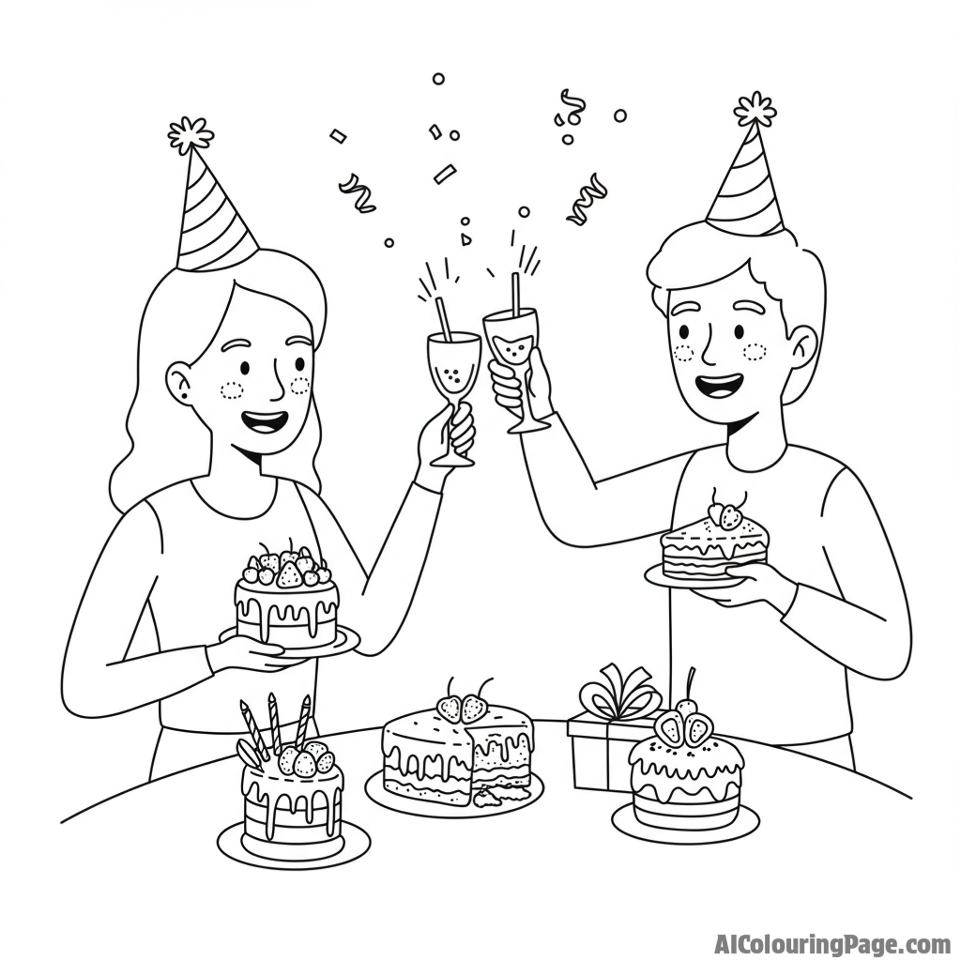 Two friends celebrating a promotion with celebratory desserts and cheers.