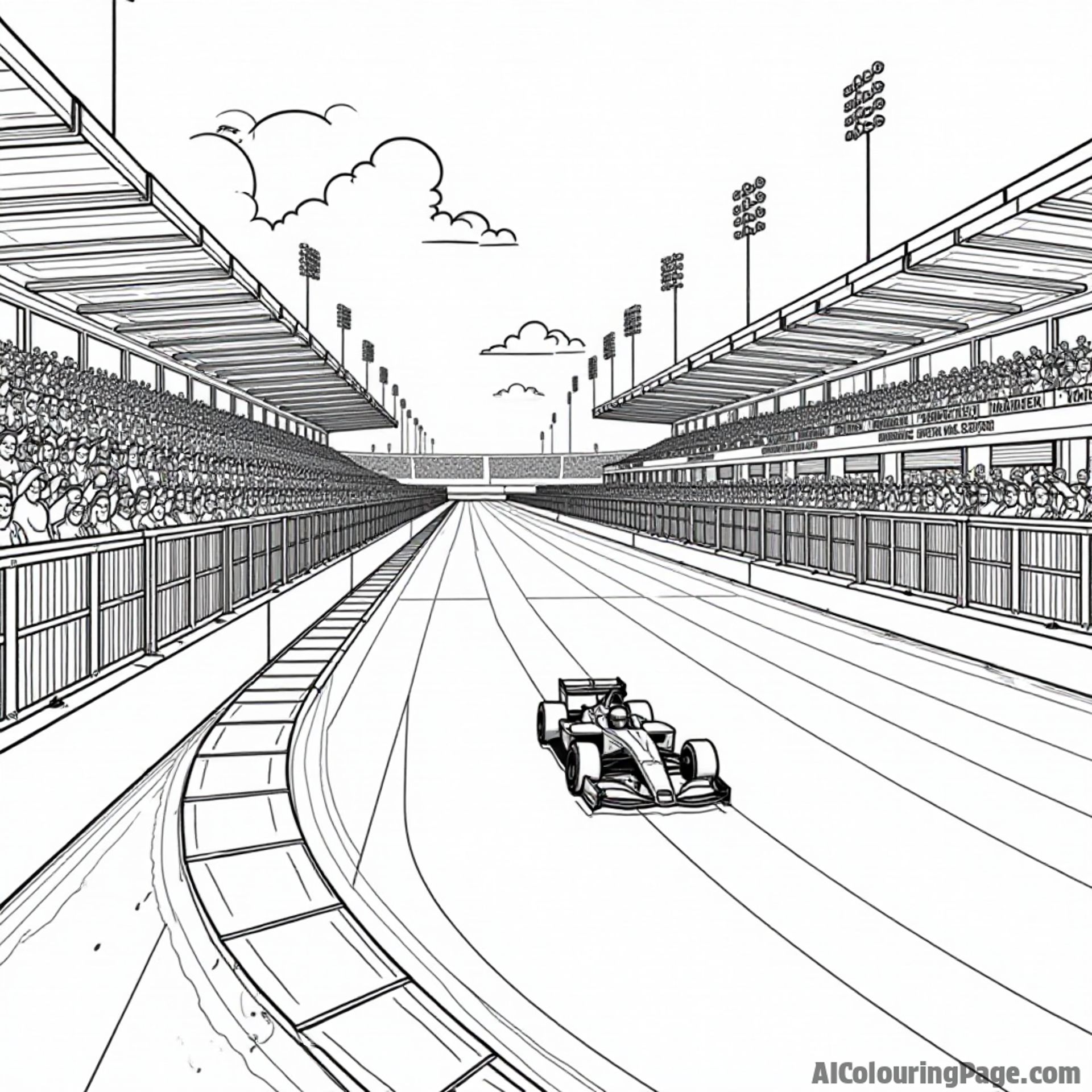 A vibrant racing stadium filled with enthusiastic fans waving flags, with a race car on the track, creating an exciting environment for kids to bring to life.