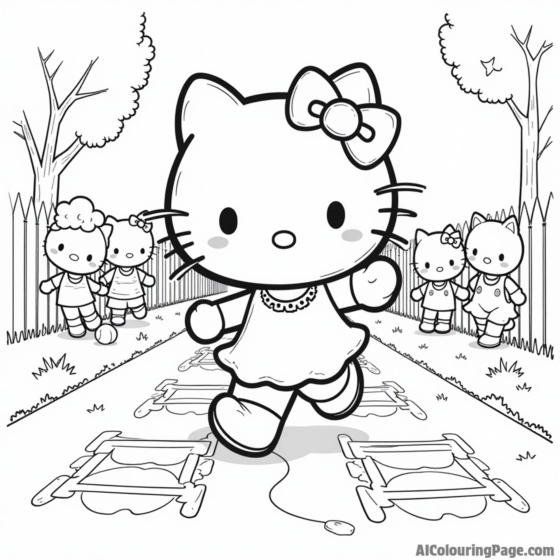 Hello Kitty playing hopscotch on a sidewalk with chalk drawings and her friends cheering her on