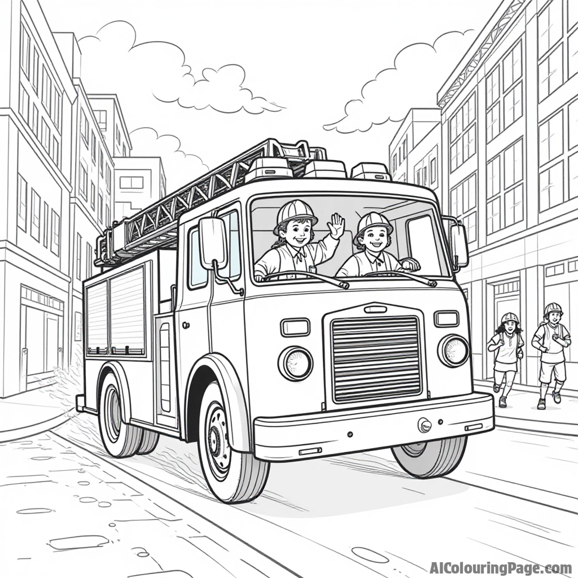 A fire truck racing down a city street with a firefighter waving, surrounded by cheering children playing sports, all in a black and white coloring book style.