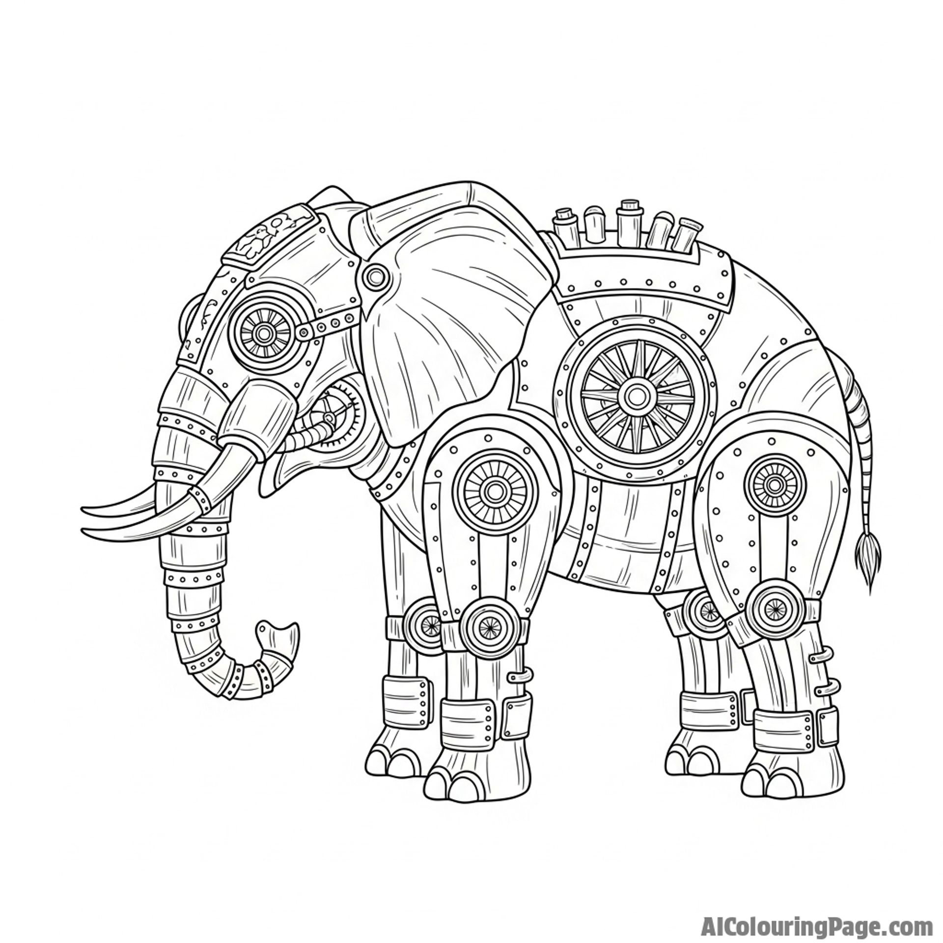 A steampunk elephant crafted from gears, brass, and steam pipes.