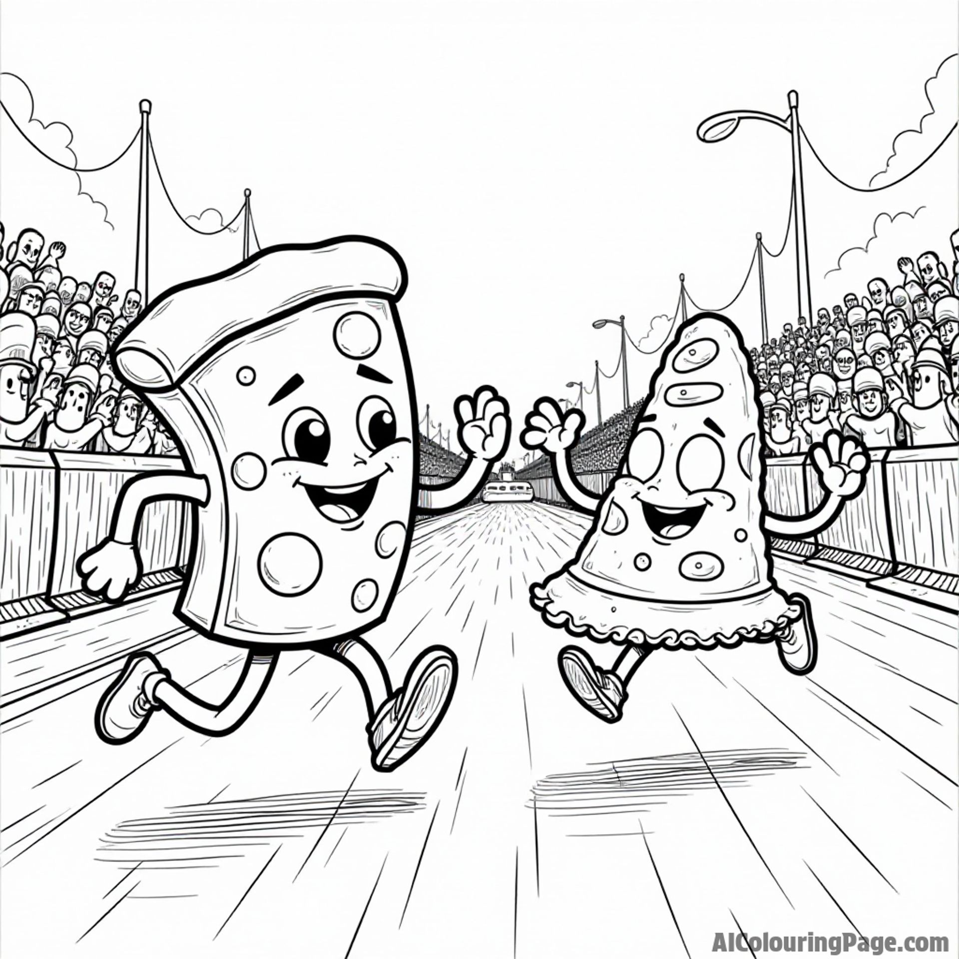 A pizza slice and a pasta character having a race, with a cheering crowd of ingredients, creating a fun competition scene.